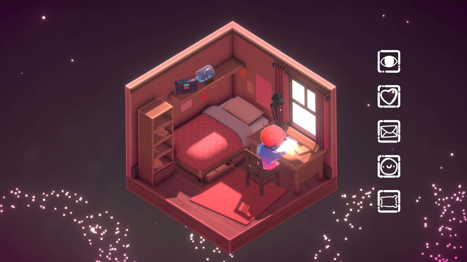 lofi 桌布 壁紙 — 一個舒適的等距臥室，孩子在窗邊光線下學習，周圍漂浮著星星。