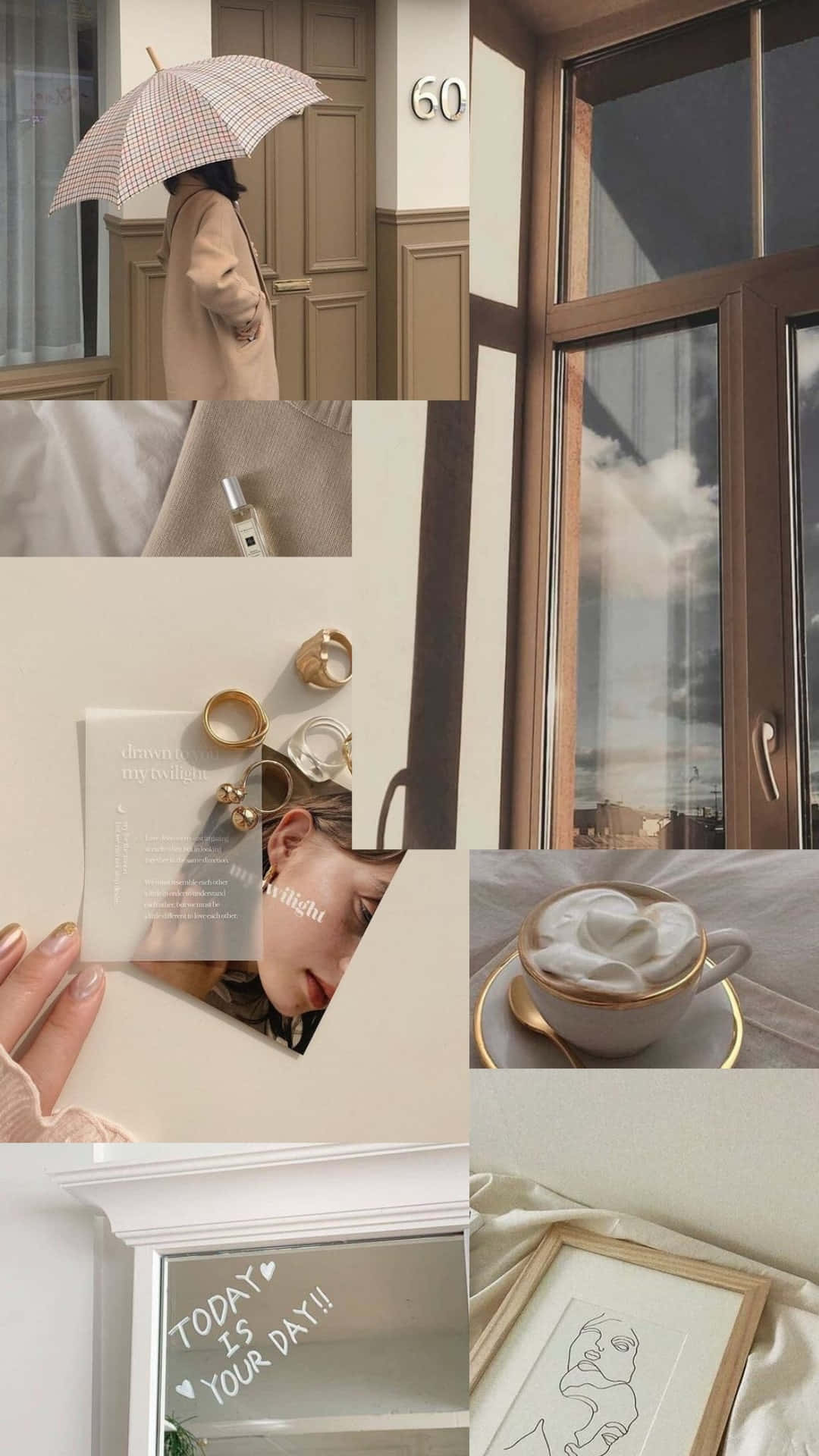 Korean Beige Aesthetic 桌布 壁紙 — 一個舒適的米色調拼貼畫，包含一個人拿著雨傘、窗景、咖啡、珠寶和手寫筆記，呈現簡約室內風格。