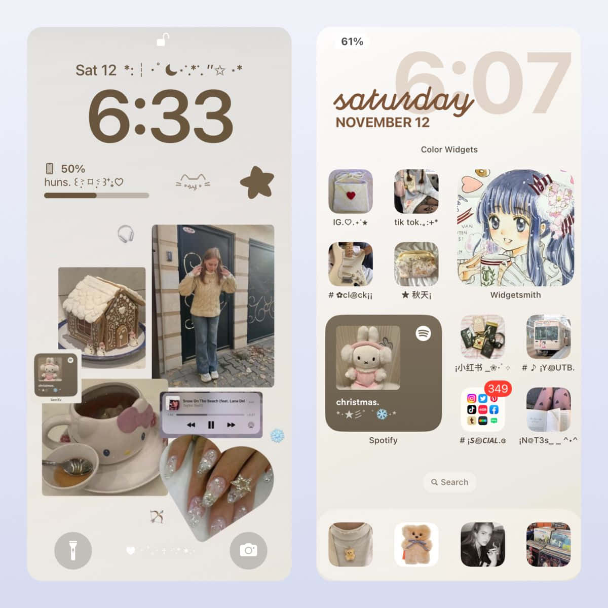 Aesthetic Widgets 桌布 壁紙 — 一個舒適的粉彩色調手機主螢幕，配有可愛的小工具、動漫角色和個人照片，以柔和的美學排列。