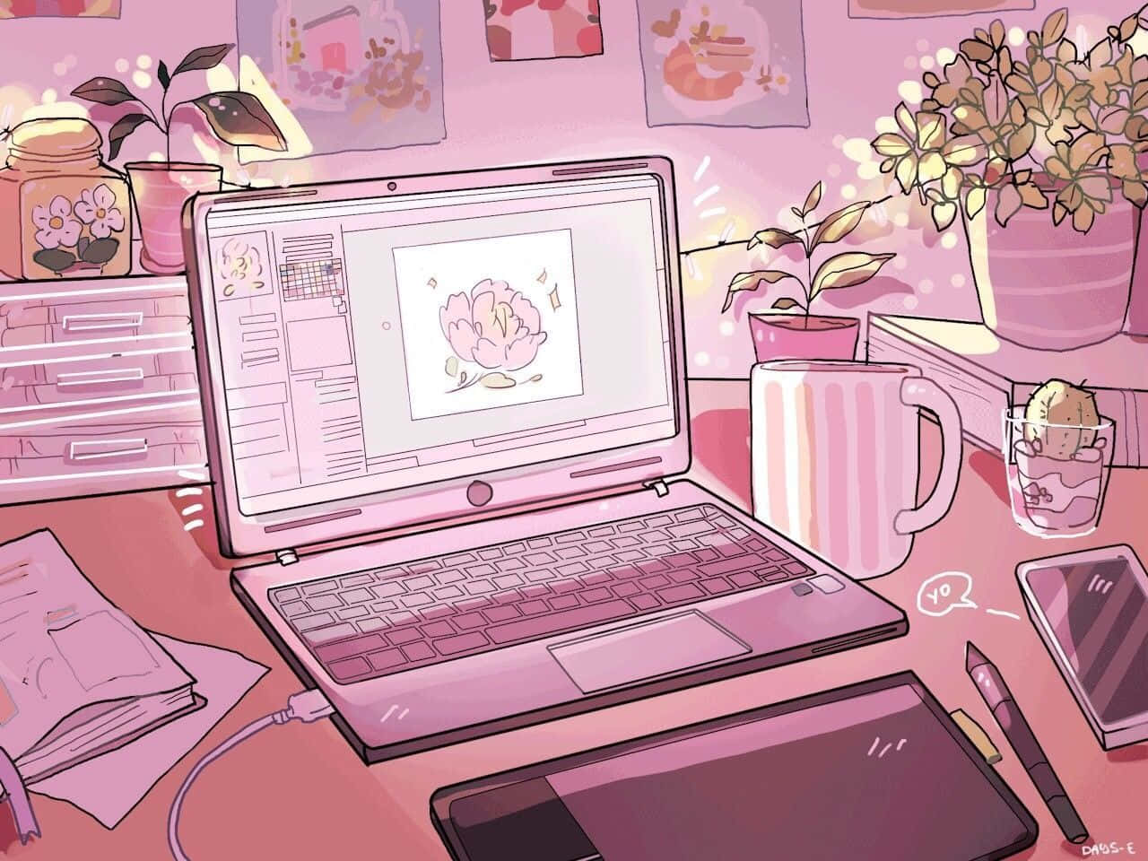 美學筆電 桌布 壁紙 — 一個舒適的粉紅色插圖書桌場景，桌上有一部顯示花朵繪圖的筆記型電腦，周圍環繞著植物和美術用品。