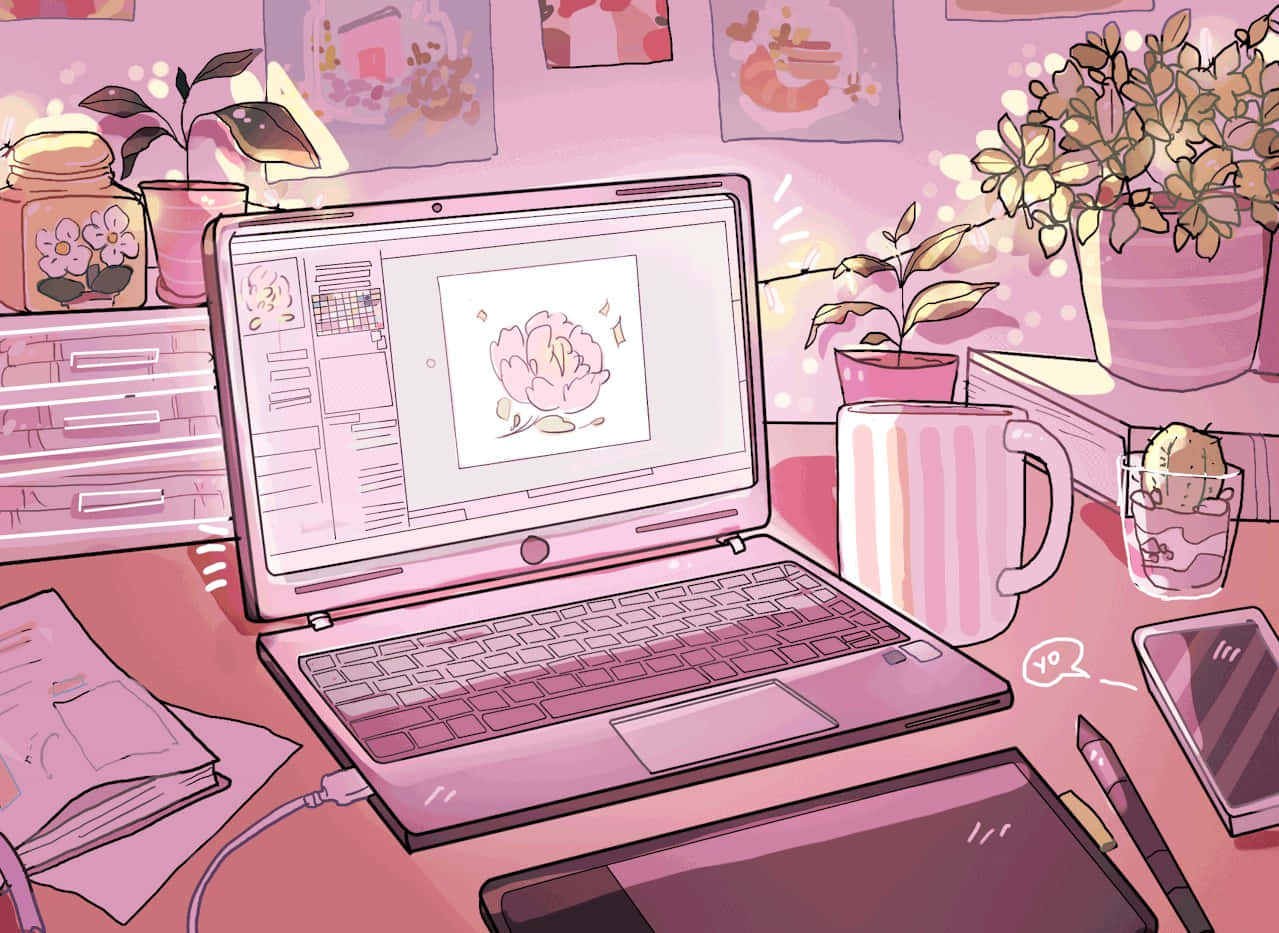 桌布 壁紙 — 一個舒適的粉紅色插圖書桌場景，筆記型電腦顯示一幅被植物和美術用品包圍的花卉繪圖。