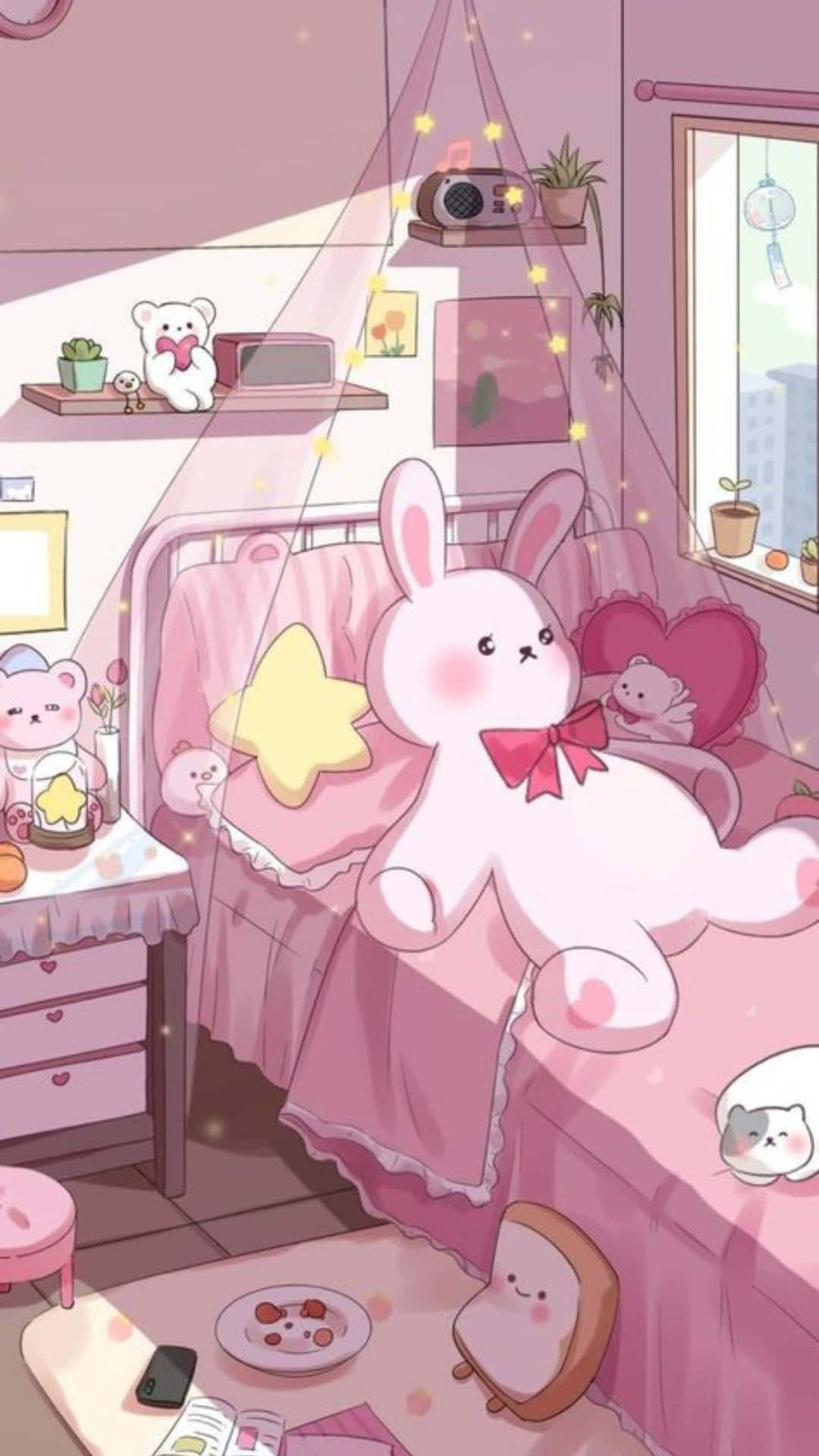 Kawaii Room 桌布 壁紙 — 一個舒適的粉紅色臥室，床上有一隻巨大的兔子毛絨玩具，在星空天篷下，有漂浮的閃光和可愛的動物裝飾。