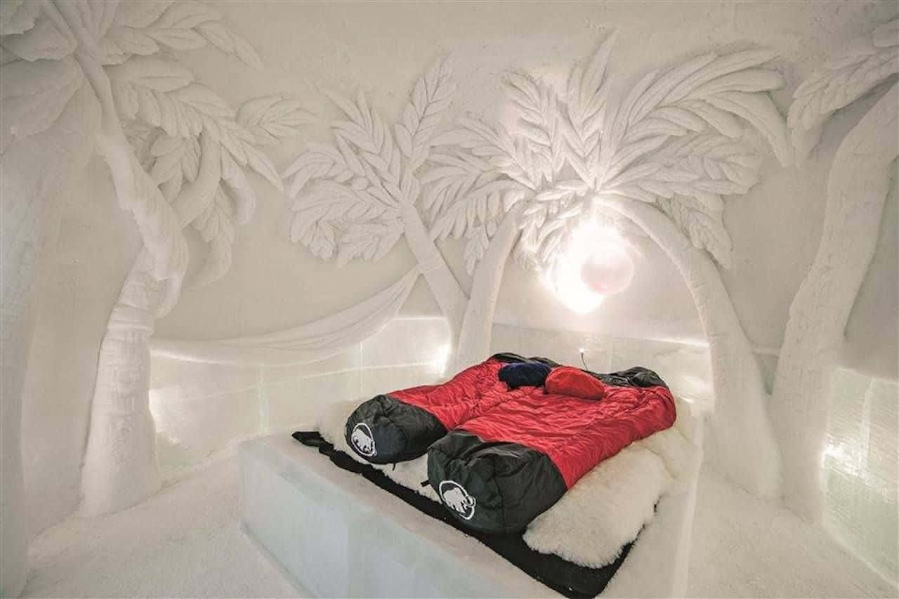 Ice Hotel 桌布 壁紙 — 一個舒適的紅色睡袋放在一張由冰雕成的床上，床下是冰室中發光的棕櫚樹雕刻。