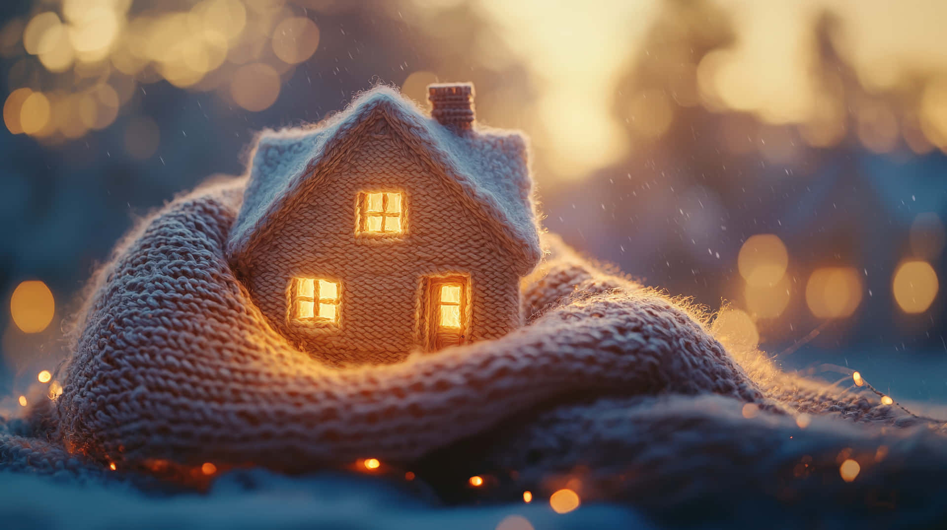 Cozy miniature house wrapped in warm knit 壁紙 — 一個舒適的編織小屋，帶有發光的窗戶，依偎在柔軟的毯子裡，背景是溫暖的散景。