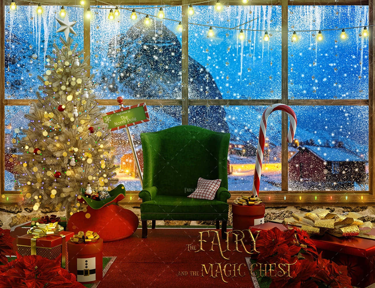 North Pole 桌布 壁紙 — 一個舒適的聖誕場景，有綠色扶手椅、裝飾好的聖誕樹和糖果杖，旁邊是雪窗，窗外可見北極。