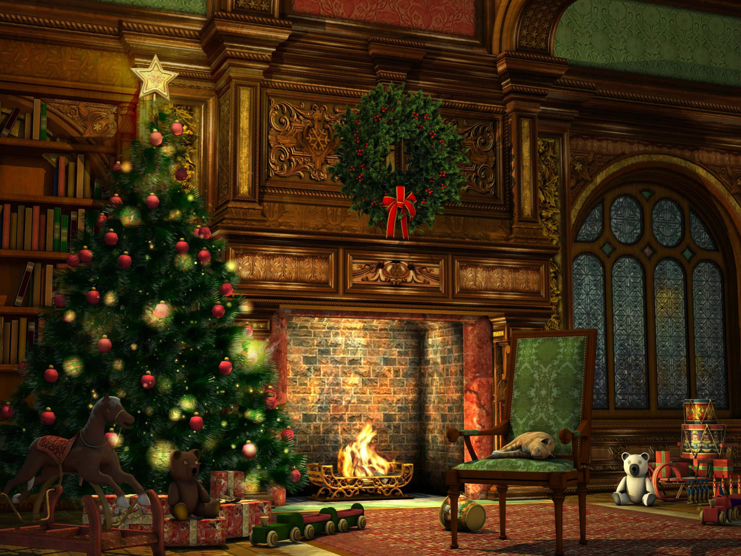 Christmas Fireplace 桌布 壁紙 — 一個舒適的聖誕場景，裝飾好的聖誕樹在華麗的大圖書館中，旁邊是熊熊燃燒的壁爐。