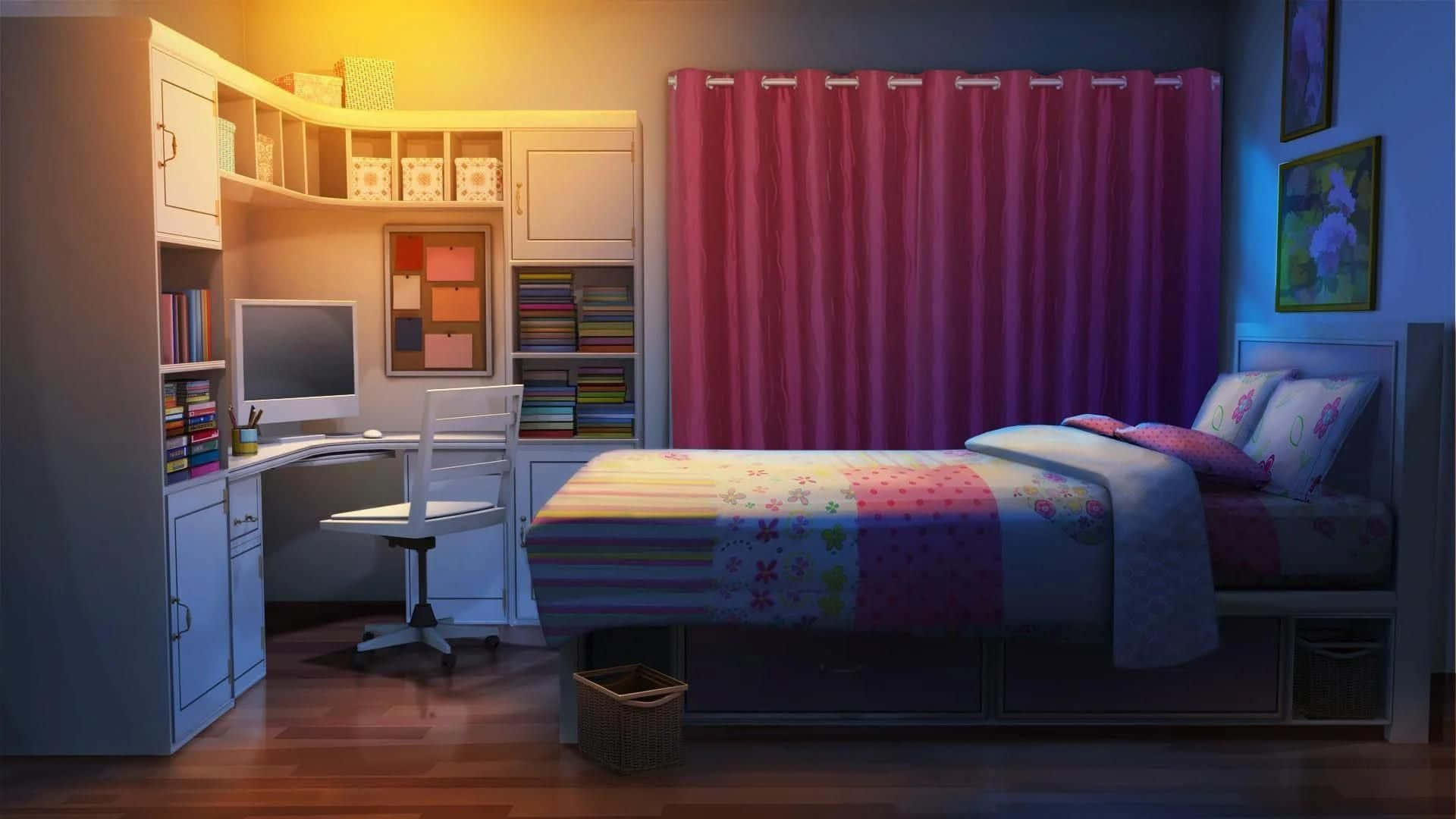 Aesthetic Anime Bedroom 桌布 壁紙 — 一個舒適的臥室，有一張鋪著花卉床單的床和一張帶電腦的書桌，在溫暖的黃色燈光下。