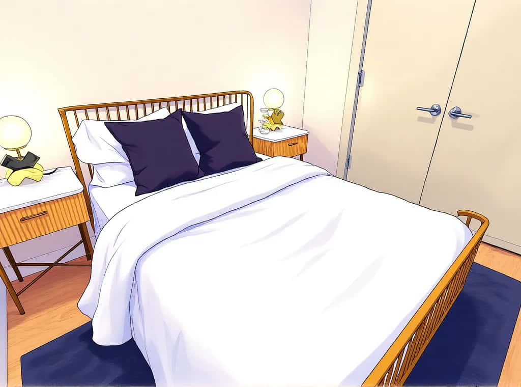Bedroom 壁紙 — 一個舒適的臥室，配有木床、白色床單、深色枕頭和兩個帶發光檯燈的床頭櫃。