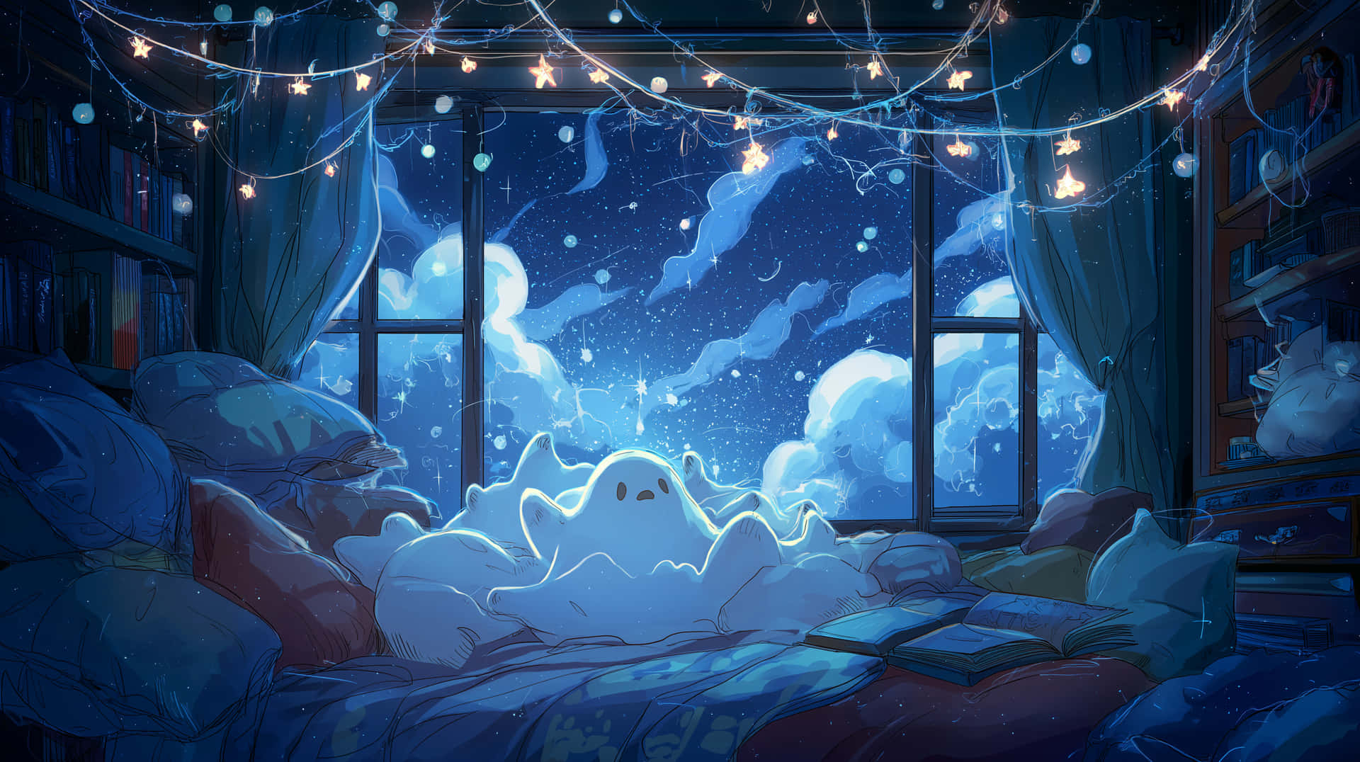 Cozy Ghost in Bed with Starry Night View 壁紙 — 一個舒適的臥室在夜晚，一個發光的幽靈般的身影依偎在床上，在星光點點的燈串下，窗戶展現出夢幻般的星空。