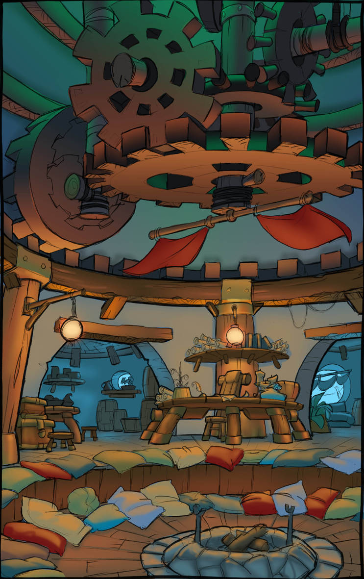 Jak 3 桌布 壁紙 — 一個舒適的蒸氣龐克工作室，頭頂有巨大齒輪，中央有被靠墊環繞的火坑。