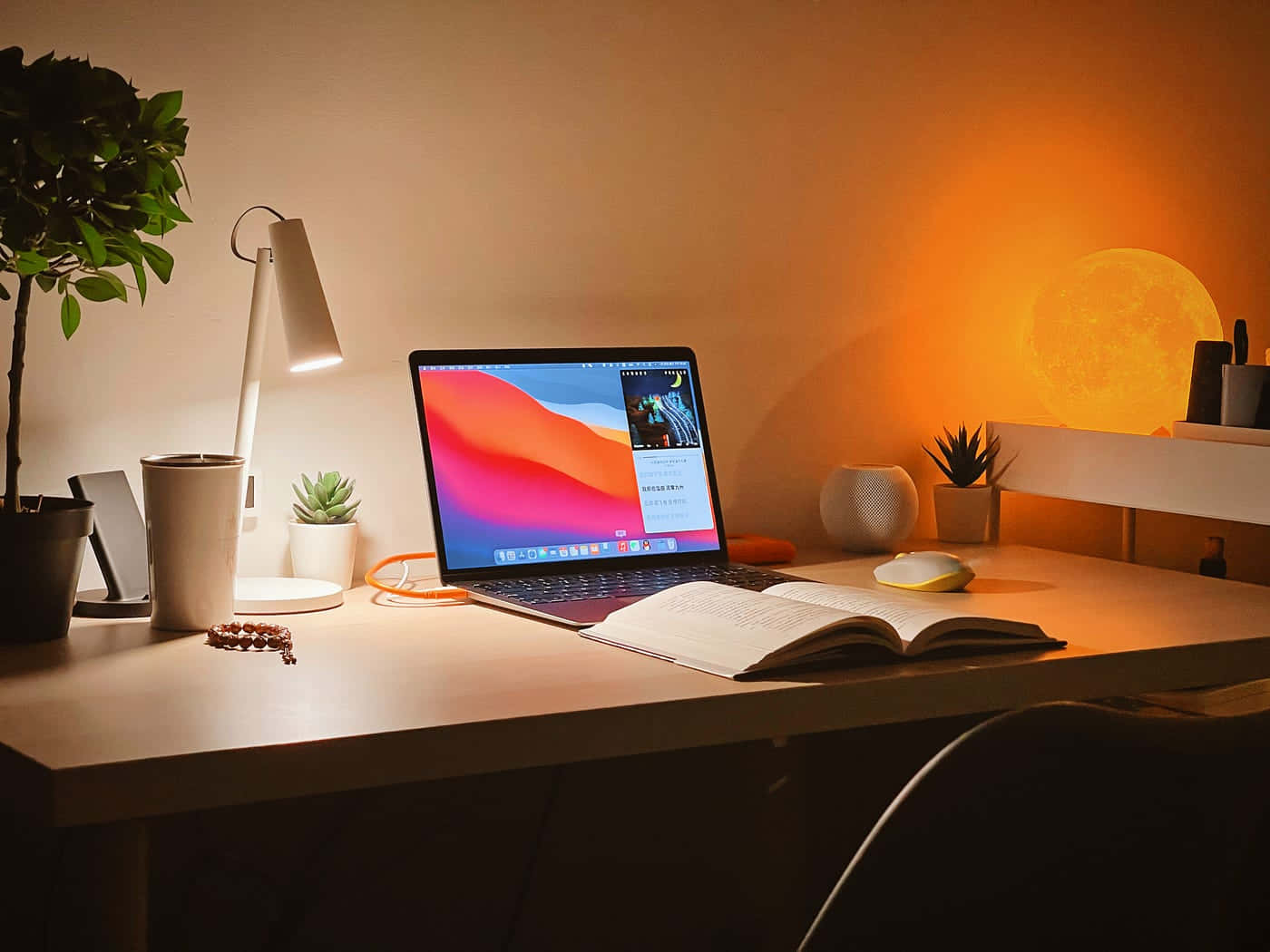 MacBook 動態圖片 桌布 壁紙 — 一個舒適的辦公桌設置，沐浴在發光的月亮燈和檯燈的溫暖環境光中，有一本打開的書和顯示彩色壁紙的筆記型電腦。