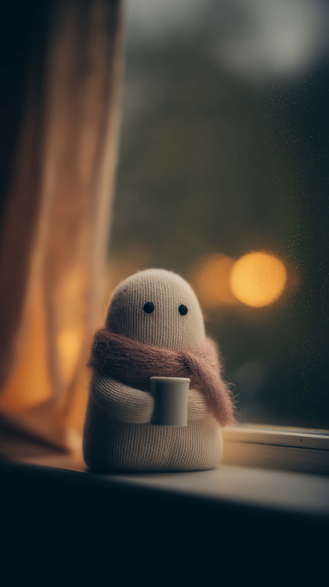 Sweet Ghost in Pink Scarf Holding Mug by Window 壁紙 — 一個舒適的針織毛絨公仔戴著圍巾，在窗台上拿著一個杯子，窗外溫暖的散景燈光閃爍。