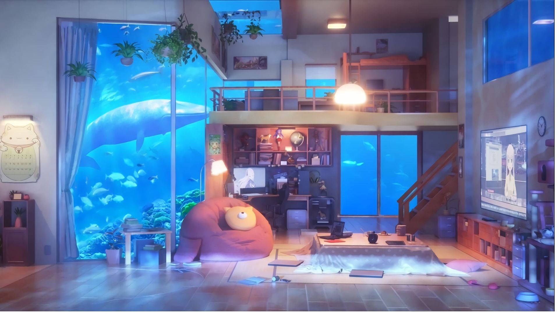 舒適的閣樓，設有巨大的水族箱，展示鯨魚和魚類，溫暖的燈光，豆袋椅。 — 動漫房間 壁紙
