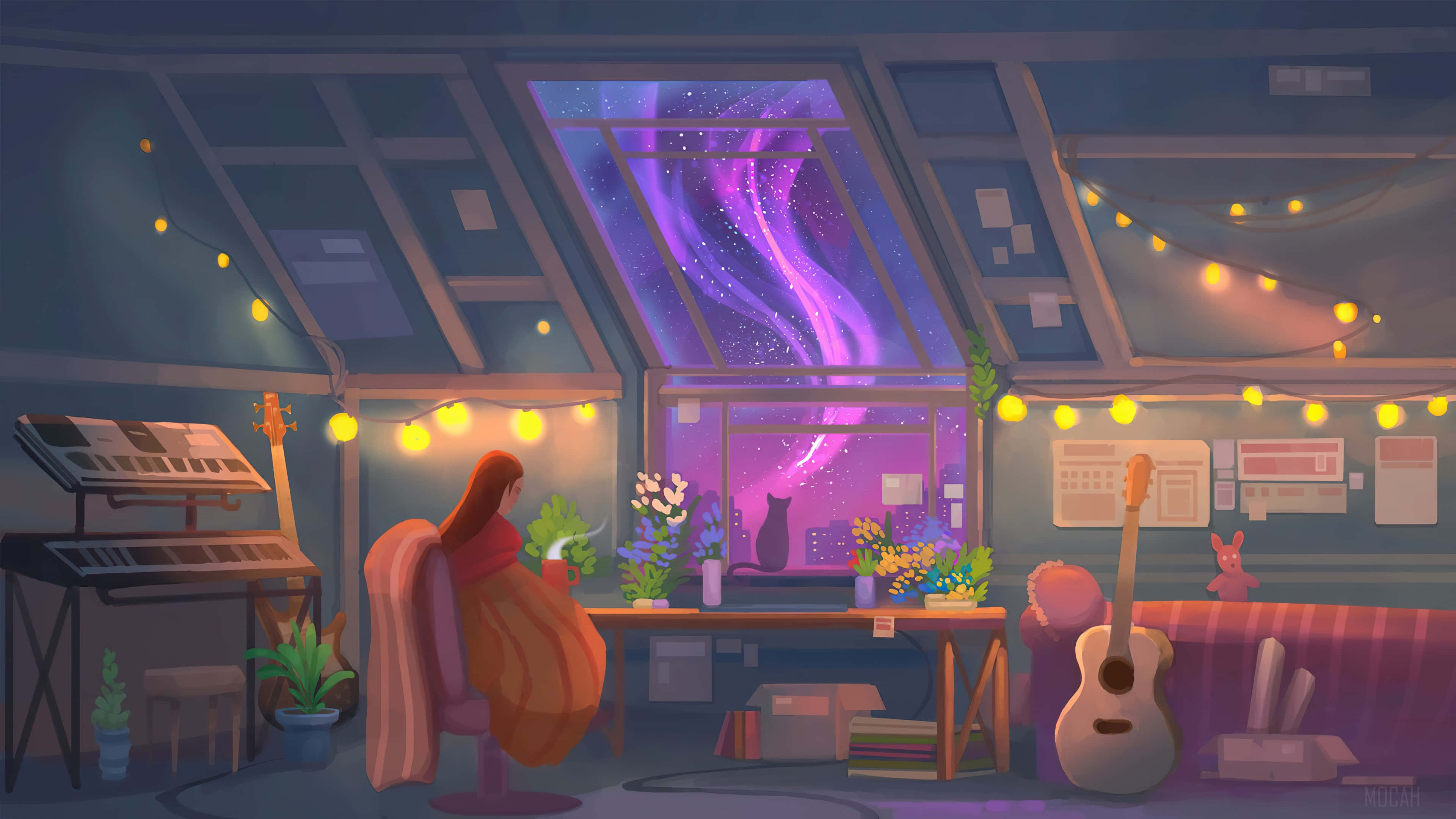 Starry Sky 桌布 壁紙 — 一個舒適的閣樓房間，沐浴在溫暖的串燈中，一個人坐在書桌前，面向窗戶，窗外是充滿活力的紫色宇宙天空。