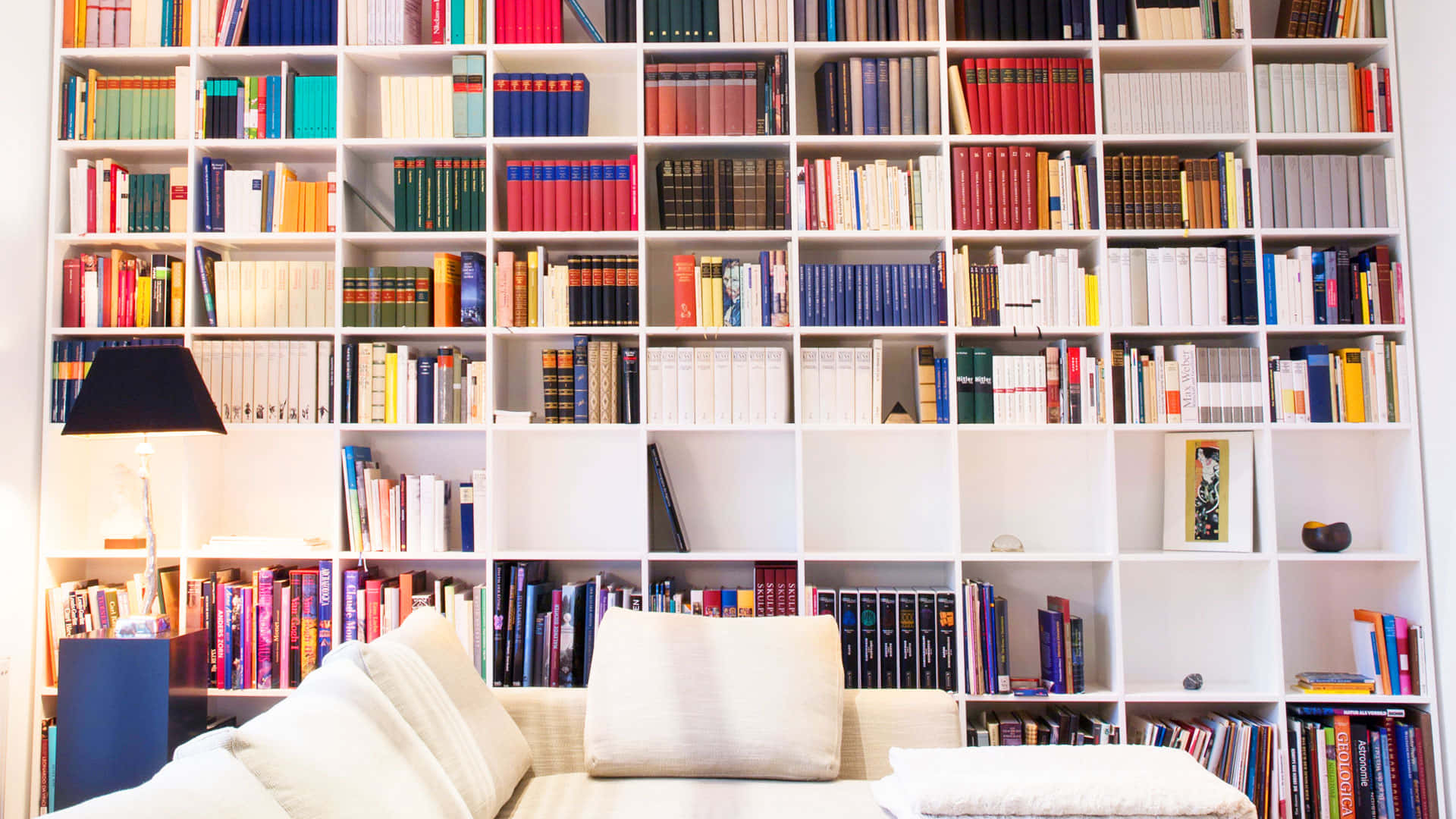 books 桌布 壁紙 — 一個舒適的閱讀角落，白色沙發面向一面由溫暖燈光照亮的巨大彩色書牆。
