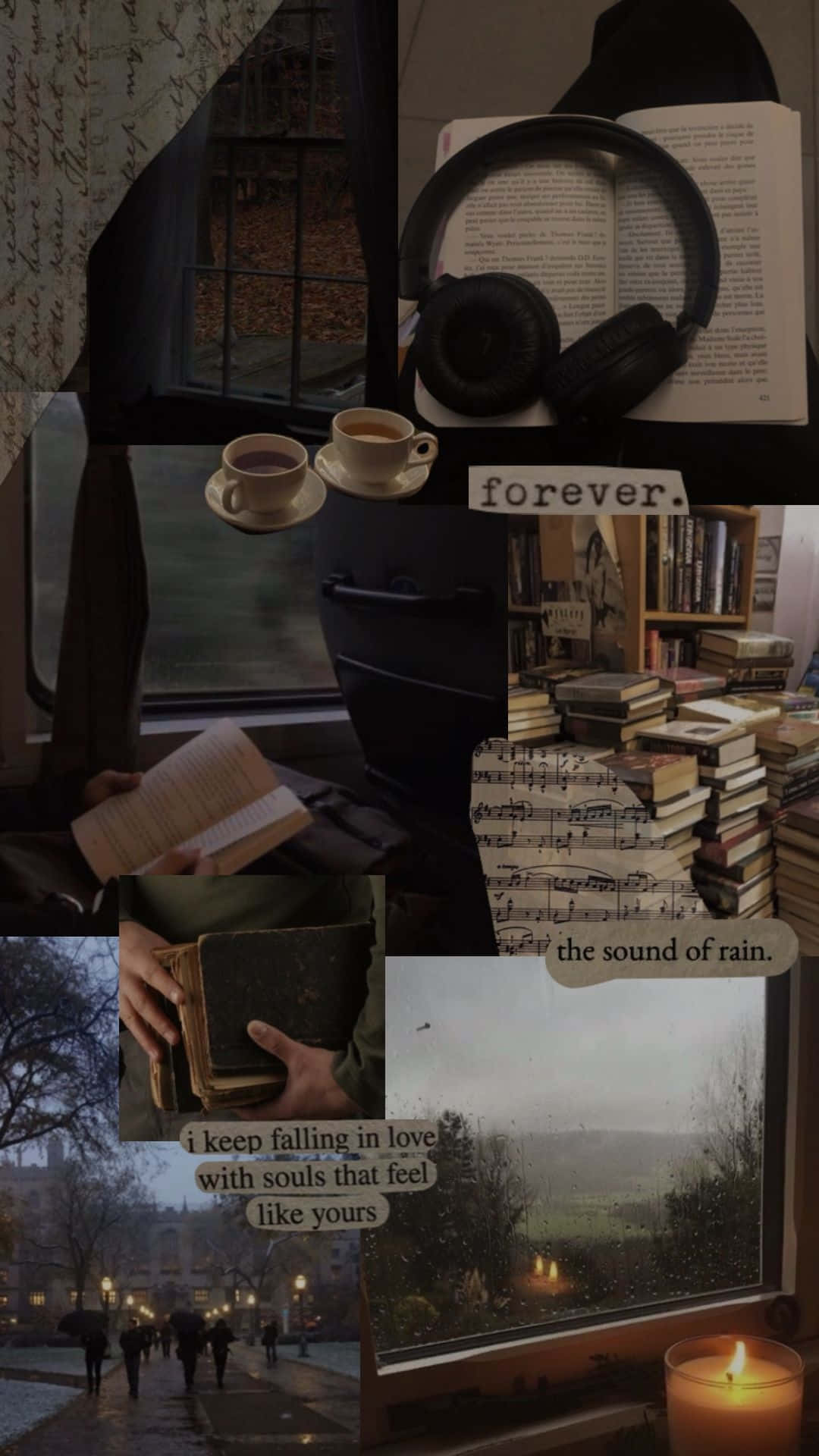 Dark Book Aesthetic 桌布 壁紙 — 一個舒適的雨天場景拼貼畫，包含書籍、音樂、咖啡和燭光，喚起安靜的內省。