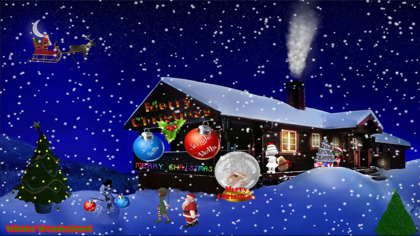 Christmas Winter Wonderland 桌布 壁紙 — 一個舒適的雪覆蓋小屋在夜晚，聖誕老人從頭頂飛過，在星空下還有節日裝飾。