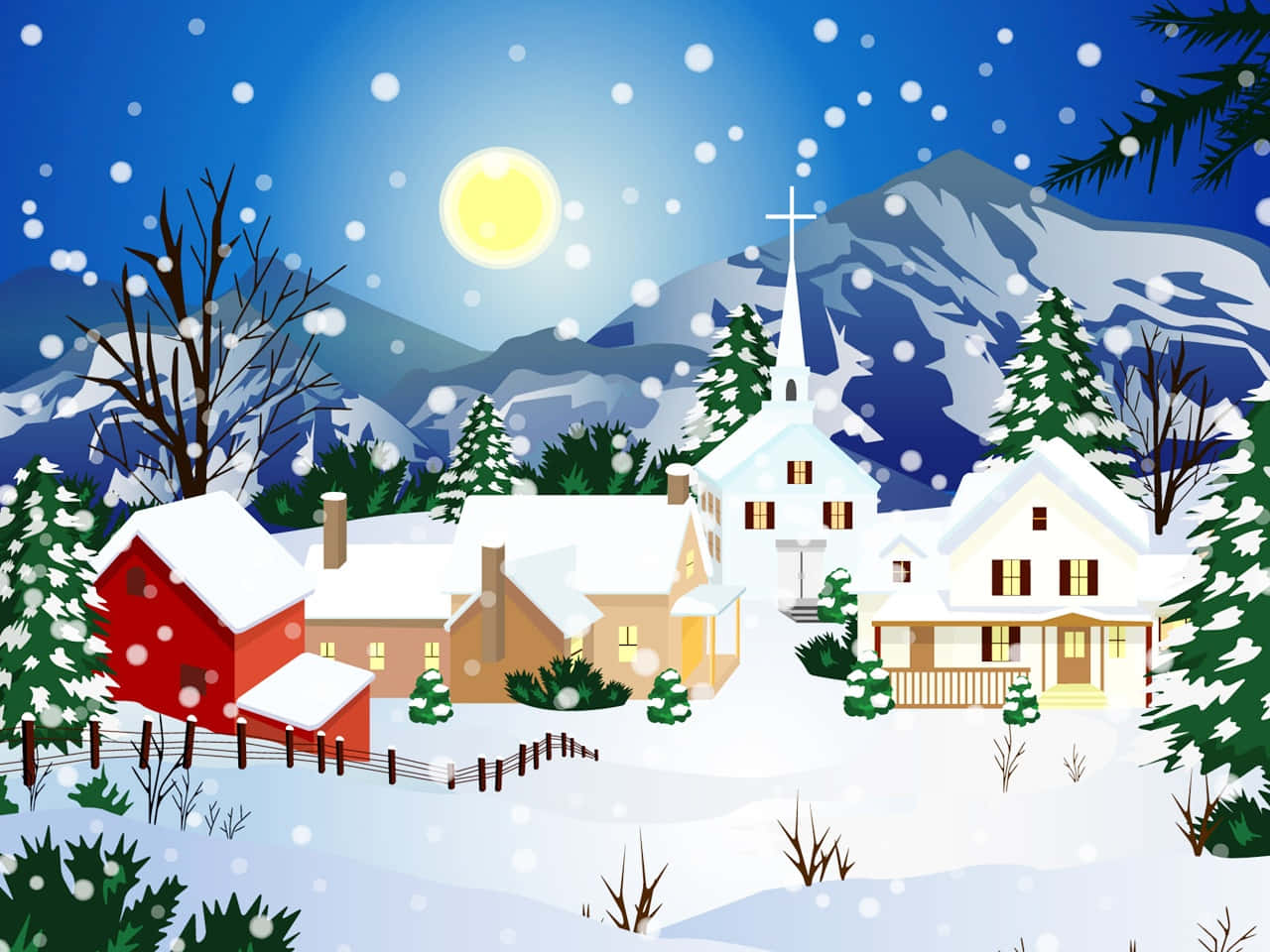 Town 桌布 壁紙 — 一個舒適的雪覆蓋村莊，有紅色穀倉和白色教堂，在明亮的月光下，雪花飄落在雪山前。