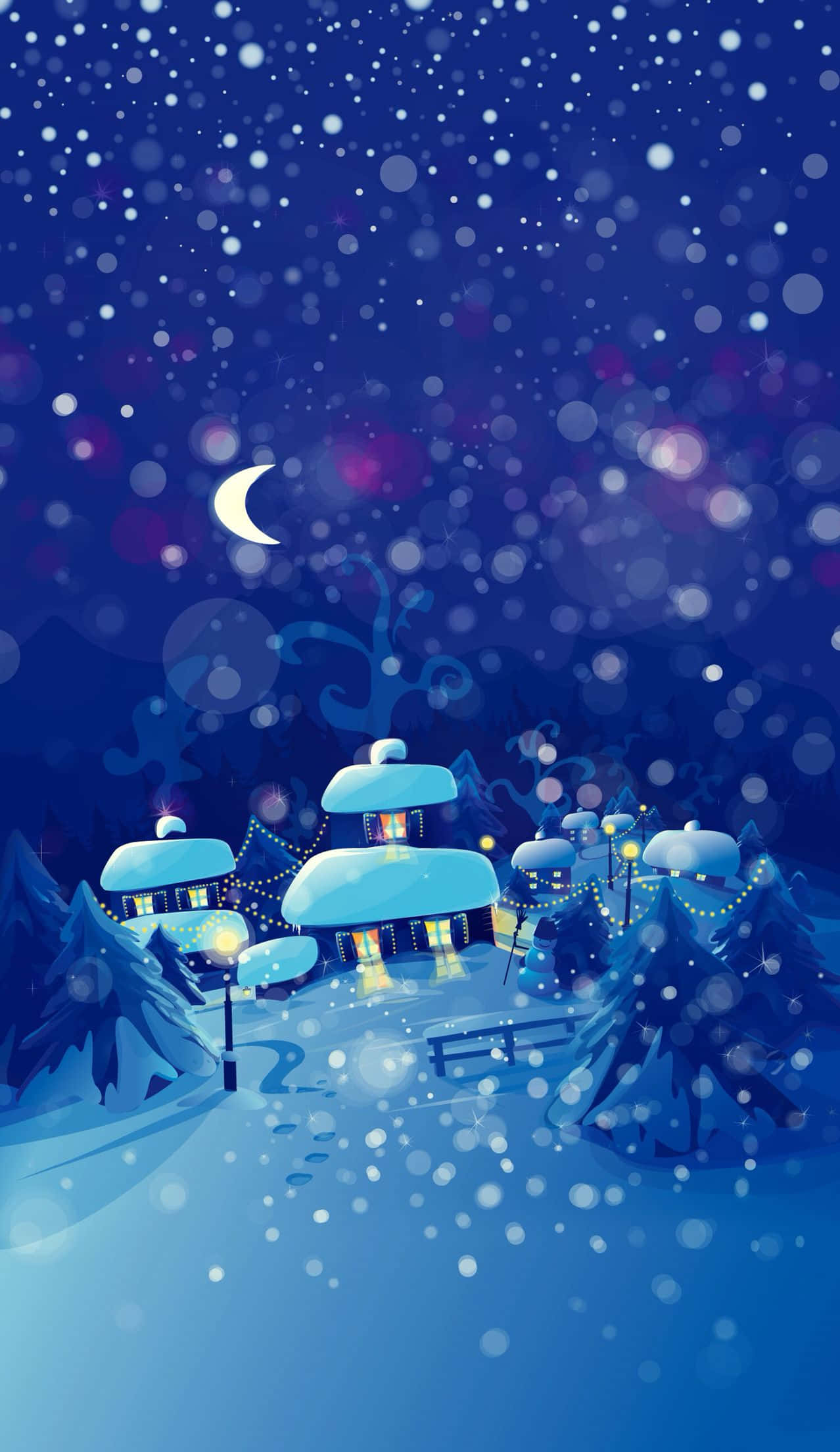 Christmas Winter Wonderland 桌布 壁紙 — 一個舒適的雪覆蓋村莊在新月下閃耀，溫柔的雪花在繁星點點的夜空中飄落。