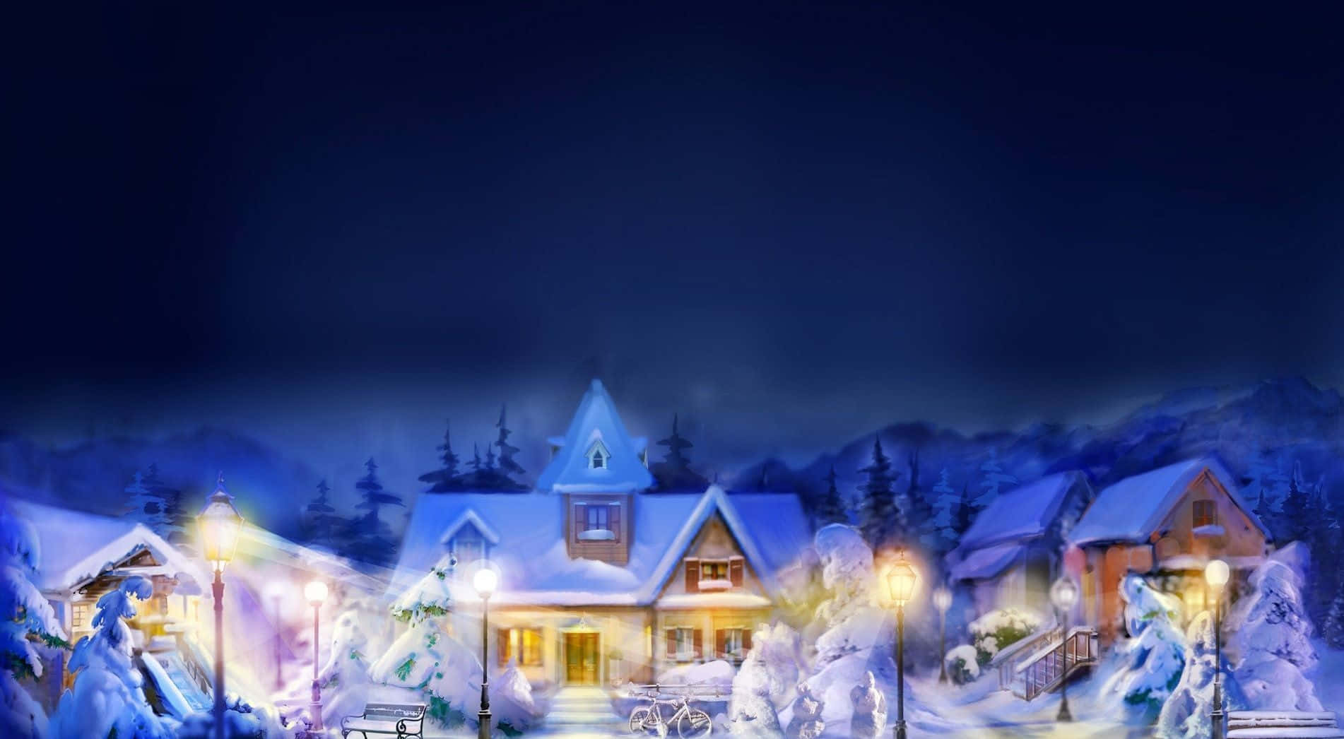 Nativity Scene 桌布 壁紙 — 一個舒適的雪覆蓋村莊夜晚，有發光的街燈和溫暖照亮的窗戶，背景是黑暗的山脈。