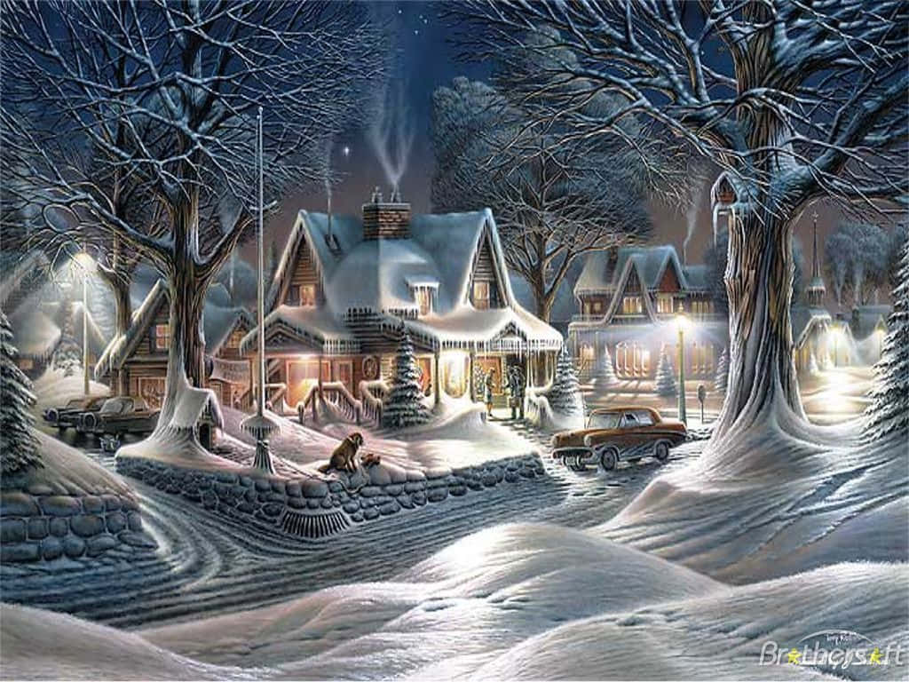 Winter Scene 桌布 壁紙 — 一個舒適的雪覆蓋村莊夜晚，溫暖燈光的房屋和復古汽車在光禿禿的樹下。