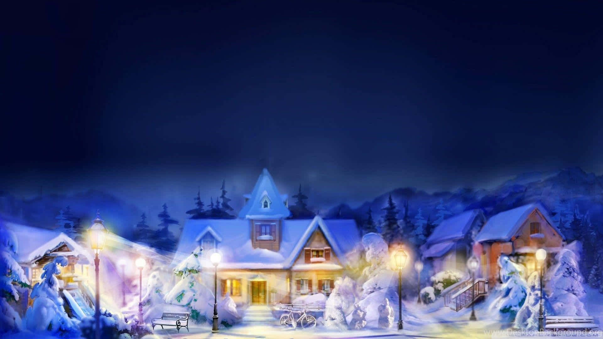 Christmas Village 桌布 壁紙 — 一個舒適的雪覆蓋村莊夜晚，發光的街燈和溫暖照亮的窗戶映襯著深藍色的天空。
