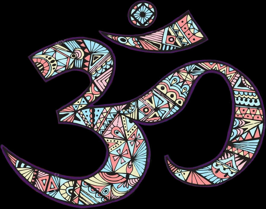 Tattoo For Picsart 桌布 壁紙 — 一個色彩繽紛、圖案複雜的 Om 符號，帶有粉紅色、藍色和黃色的幾何設計，背景為黑色。