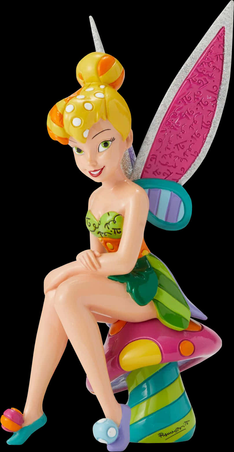 Tinker Bell 桌布 壁紙 — 一個色彩繽紛、風格化的小叮噹公仔，帶有閃閃發光的粉紅色翅膀，坐在彩虹蘑菇上，背景為黑色。