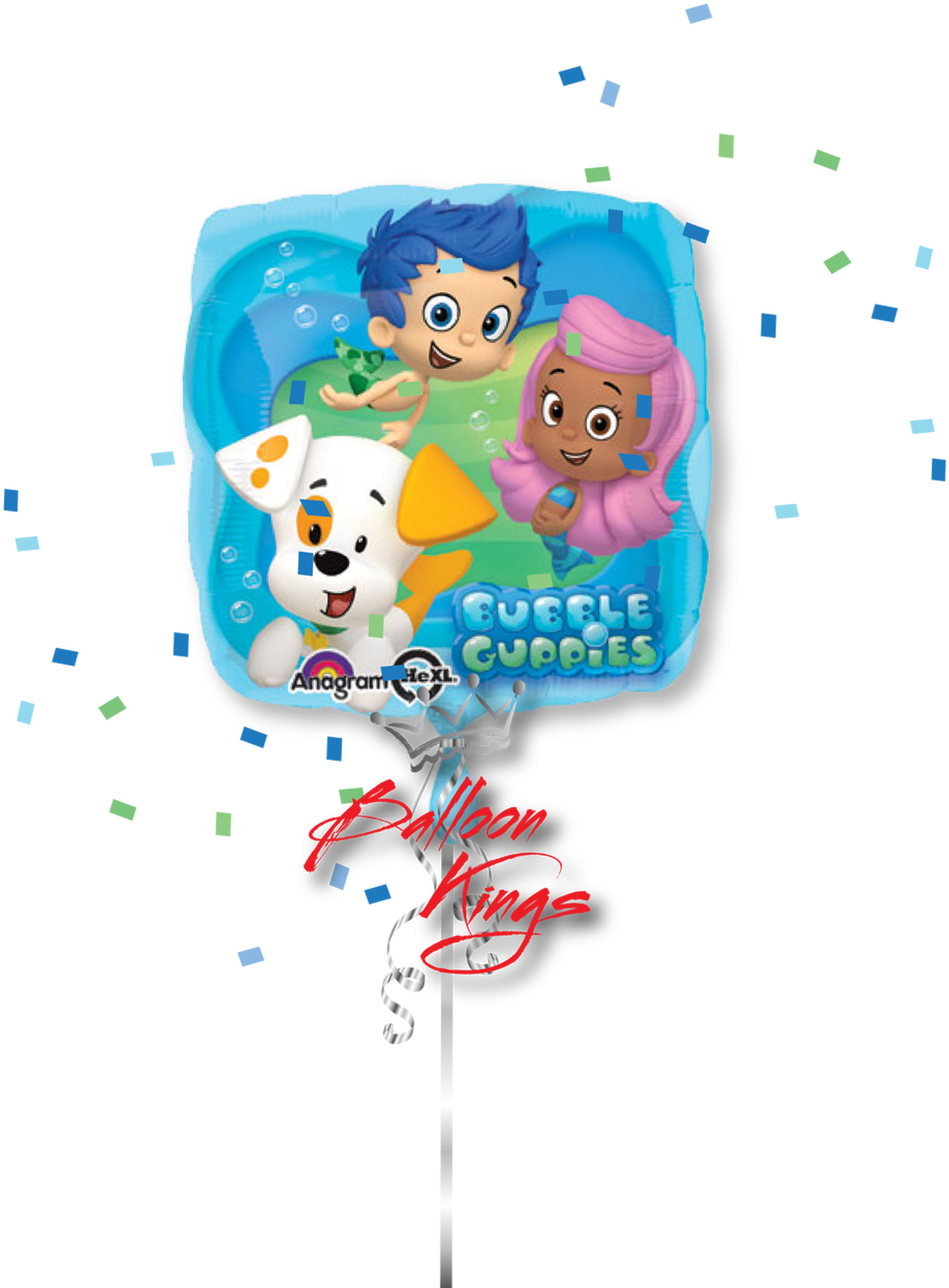 泡泡小隊 桌布 壁紙 — 一個色彩繽紛的 Bubble Guppies 箔氣球，周圍漂浮著五彩紙屑，背景為黑色。