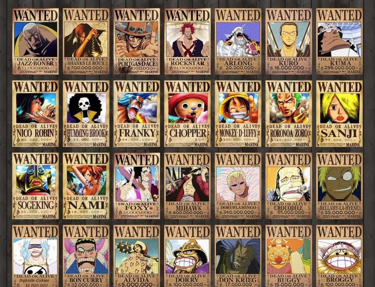 wanted 桌布 壁紙 — 一個色彩繽紛的《航海王》動畫懸賞海報網格，包含魯夫、索隆和香吉士等角色，附有懸賞金額和海軍標誌。