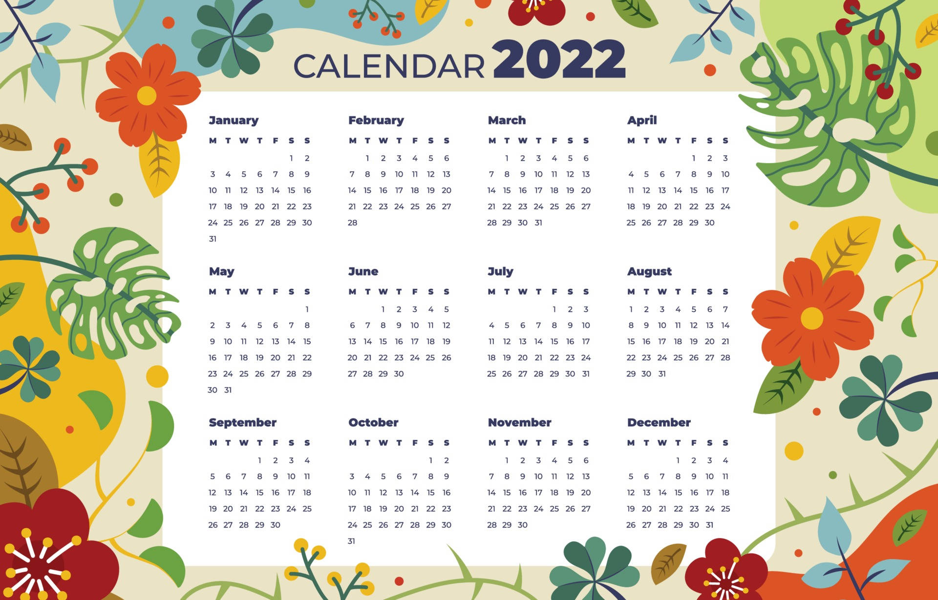 Calendar 桌布 壁紙 — 一個色彩繽紛的2022年月曆，周圍環繞著鮮豔的熱帶花卉和葉子，背景為淺色。