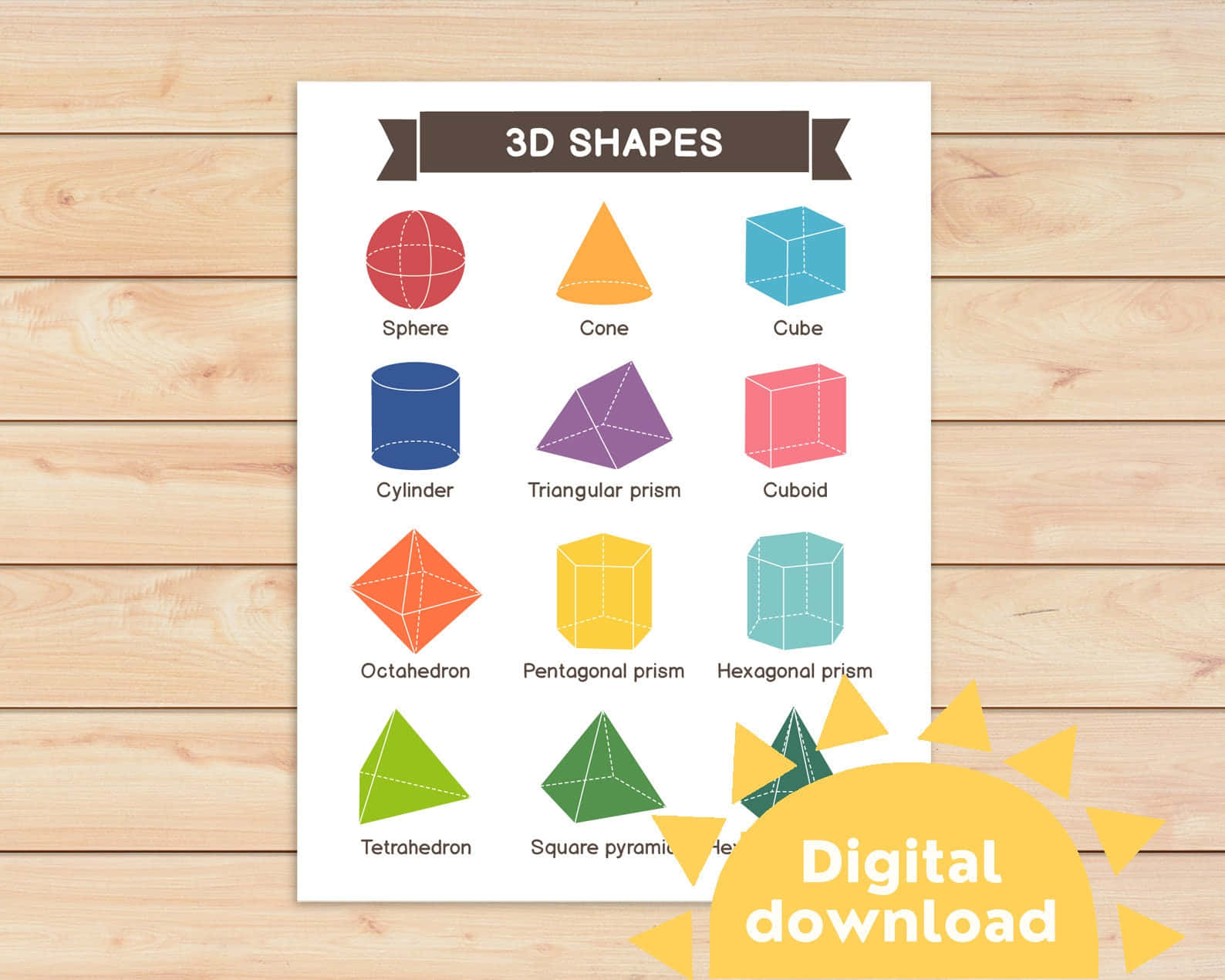 Shapes 桌布 壁紙 — 一個色彩繽紛的3D形狀教育圖表，在淺色木質背景上顯示帶標籤的幾何圖形。