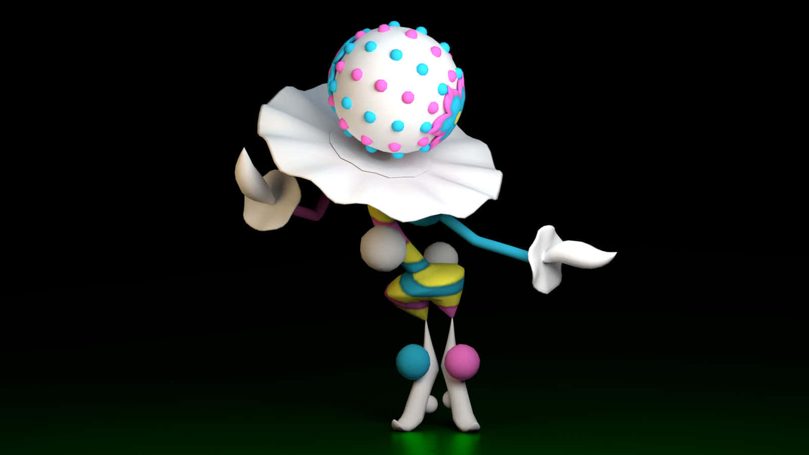 3D 桌布 壁紙 — 一個色彩繽紛的3D渲染小丑-like生物，頭部有圓點圖案，衣領有褶邊，站在黑色背景前。