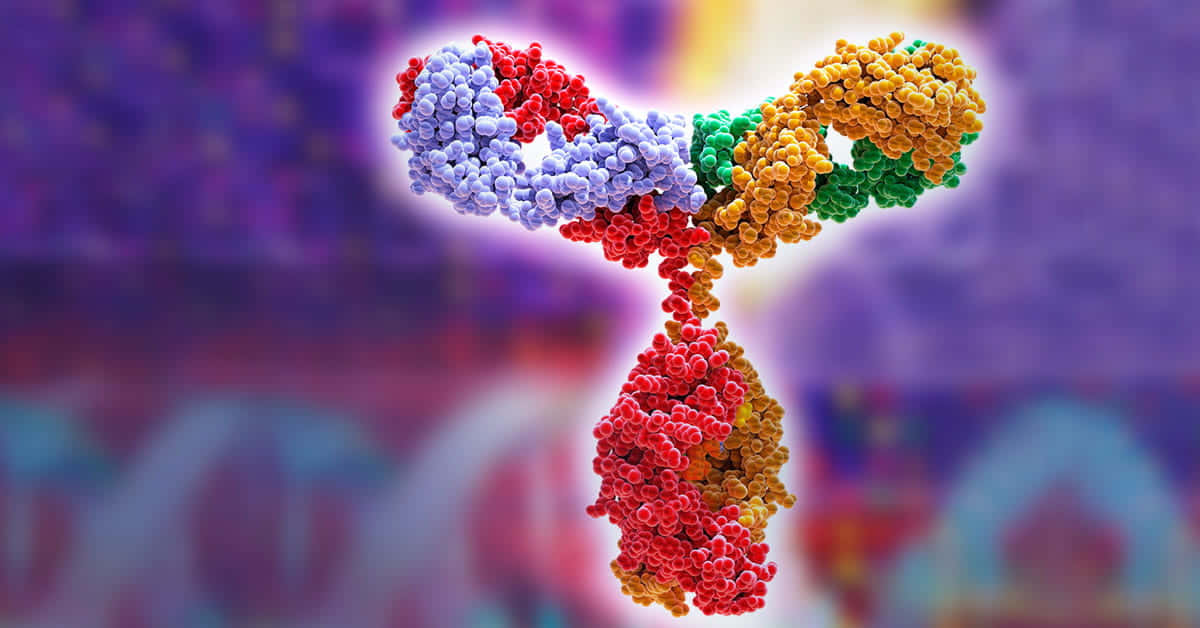 科學 桌布 壁紙 — 一個色彩繽紛的3D渲染抗體分子，帶有紅色、藍色、綠色和黃色部分，在模糊的抽象背景上發光。