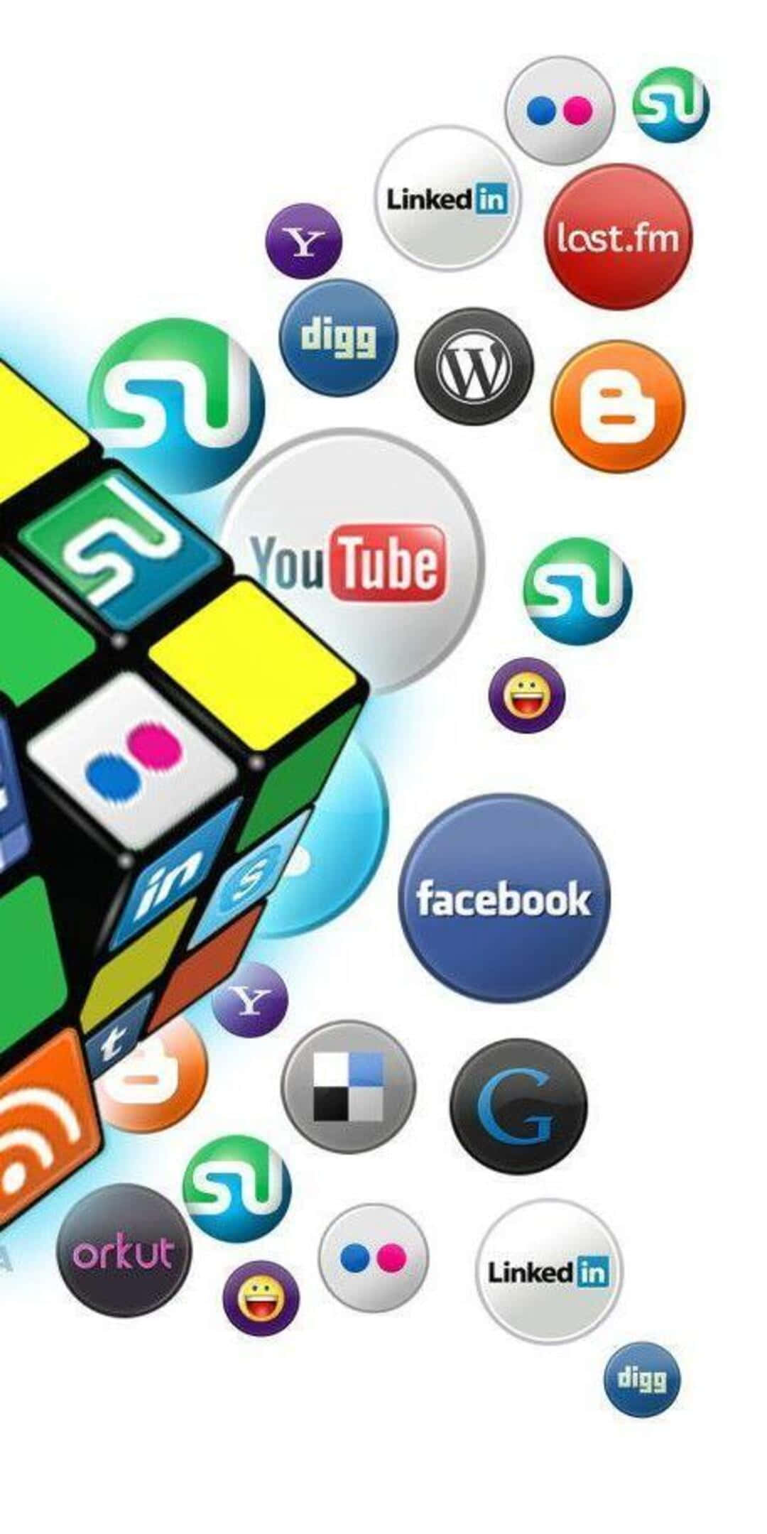 Social 桌布 壁紙 — 一個色彩繽紛的3D立方體，社交媒體圖示漂浮在它周圍，背景為白色。