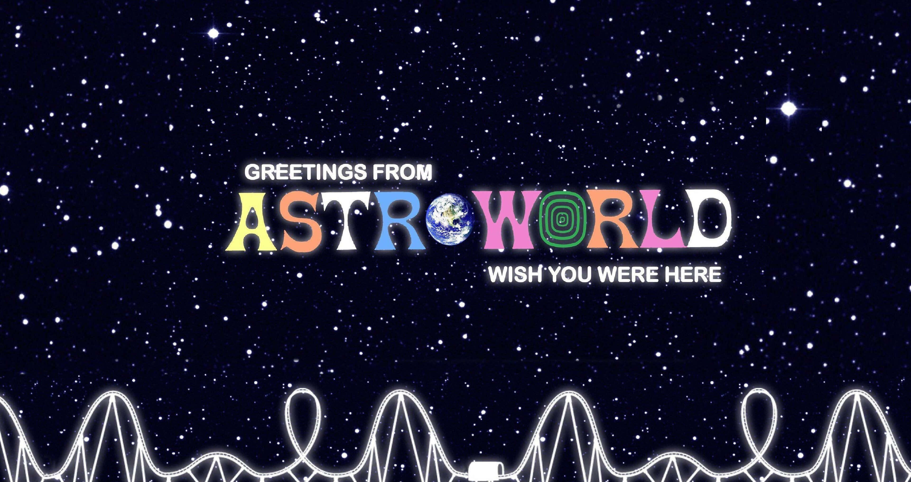 桌布 壁紙 — 一個色彩繽紛的AstroWorld標誌漂浮在星空夜空中，下方有一條白色雲霄飛車軌道。
