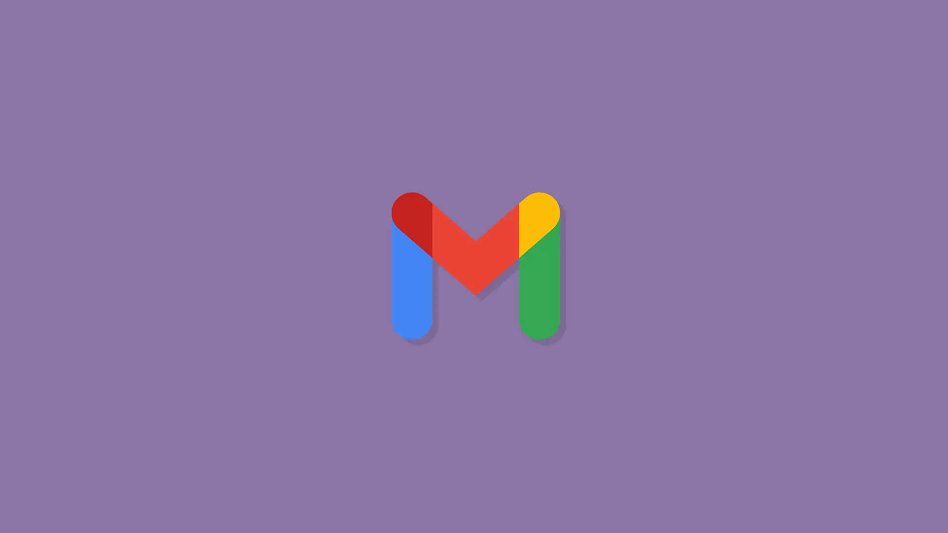Gmail 動圖 桌布 壁紙 — 一個色彩繽紛的Google Mail標誌，居中放置在帶有柔和陰影的純紫色背景上。