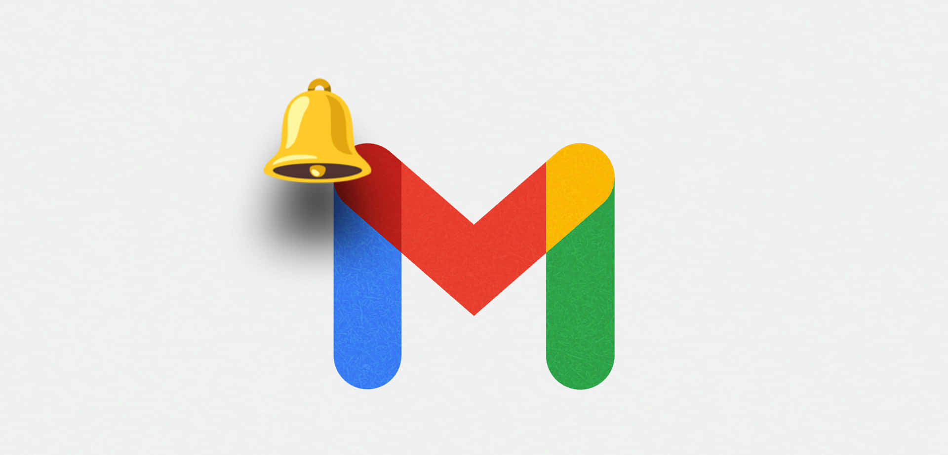 Gmail 動圖 桌布 壁紙 — 一個色彩繽紛的Google Mail標誌，左上角有一個金色鈴鐺圖示，背景為淺灰色。