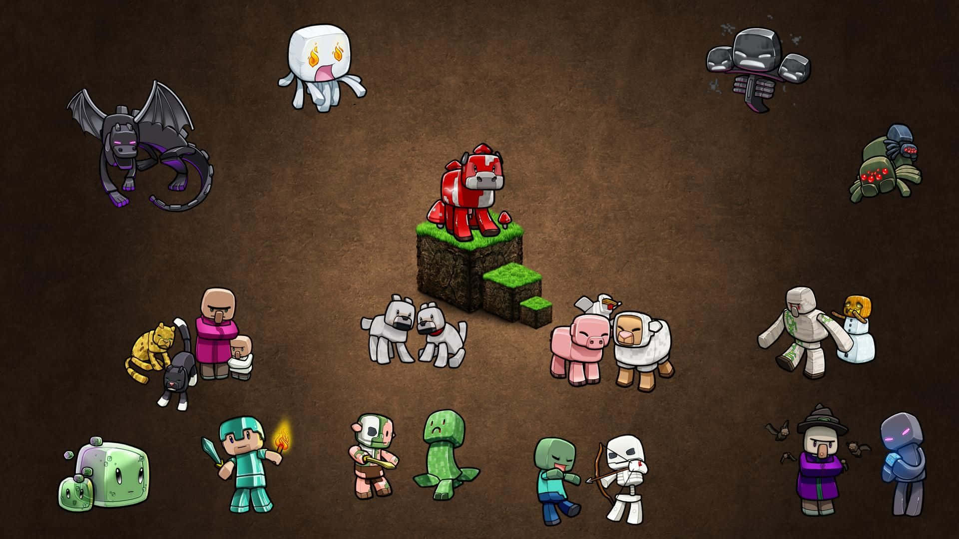 Cute Minecraft 桌布 壁紙 — 一個色彩繽紛的Minecraft風格像素角色和怪物集合，聚集在泥土地板上，營造出有趣的場景。