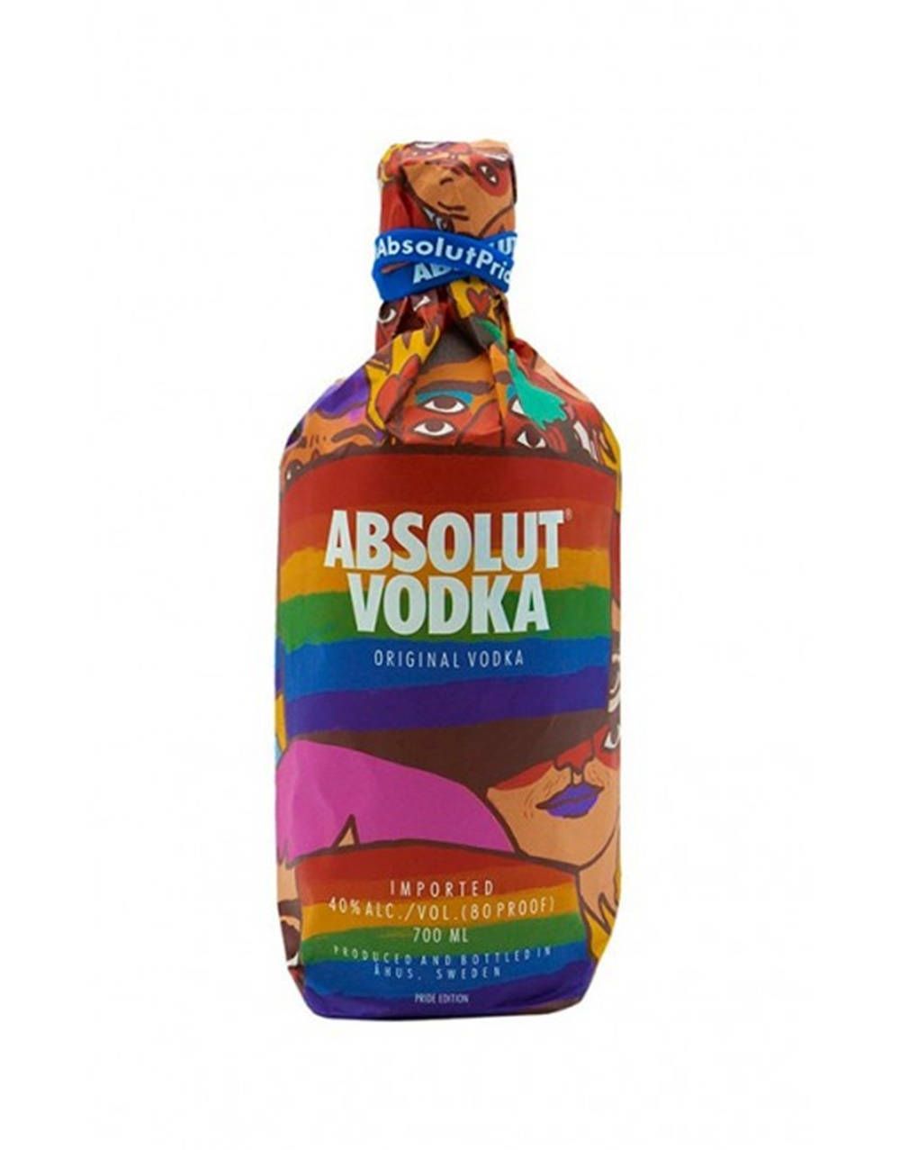 驕傲 桌布 壁紙 — 一個色彩繽紛的Pride Edition Absolut Vodka酒瓶，包裹在充滿活力的彩虹圖案布料中，上面有風格化的面孔。