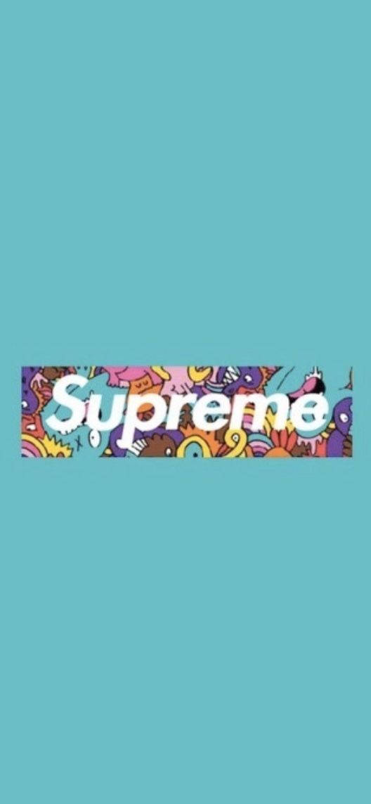 supreme aesthetic 桌布 壁紙 — 一個色彩繽紛的Supreme標誌，帶有塗鴉圖案，居中在純青色背景上。