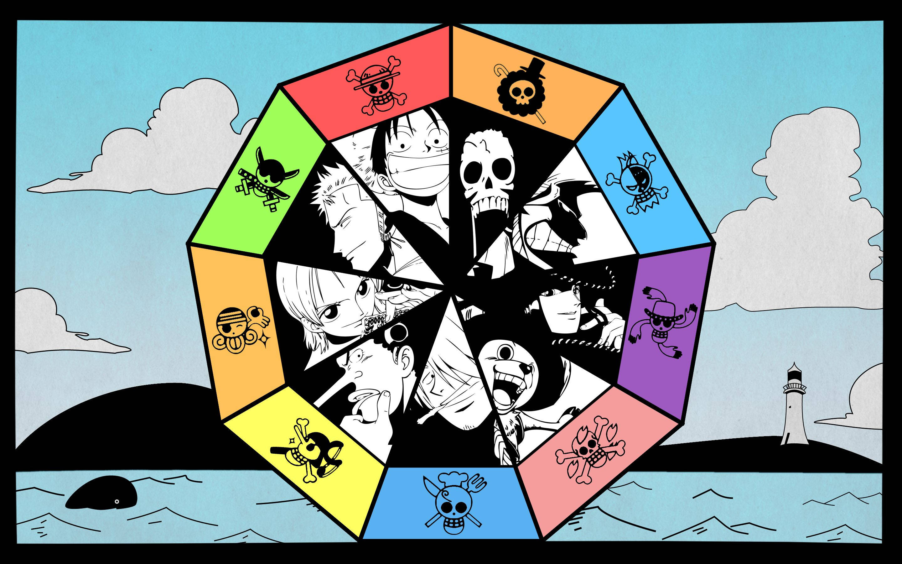 One Piece Logo 桌布 壁紙 — 一個色彩繽紛的八角形輪盤，上面有動漫海盜角色，背景是海岸天空，有燈塔和鯨魚。