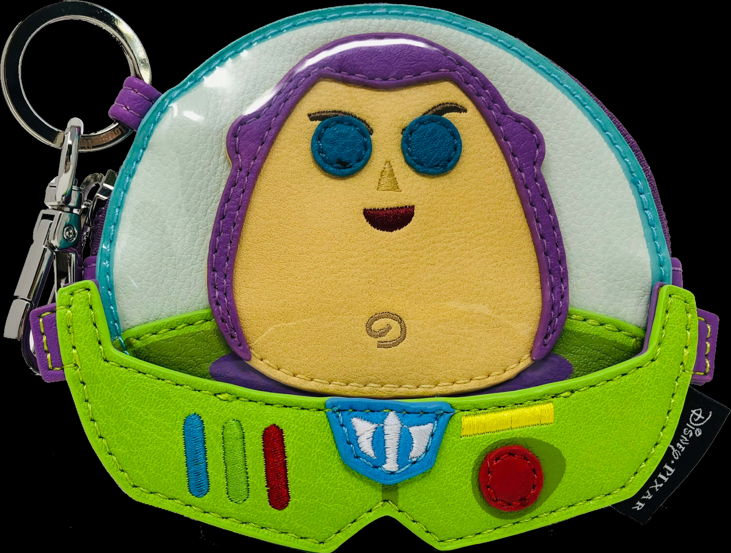 巴斯光年 桌布 壁紙 — 一個色彩繽紛的刺繡巴斯光年鑰匙圈，帶有縫線細節和金屬配件，背景為黑色。