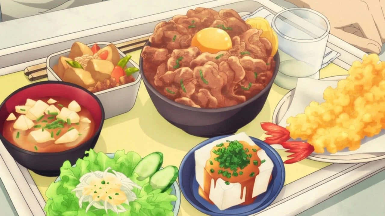 Brunch 桌布 壁紙 — 一個色彩繽紛的動漫風格日式舒適食品托盤，包括燉牛肉、蛋豆腐、天婦羅和沙拉。