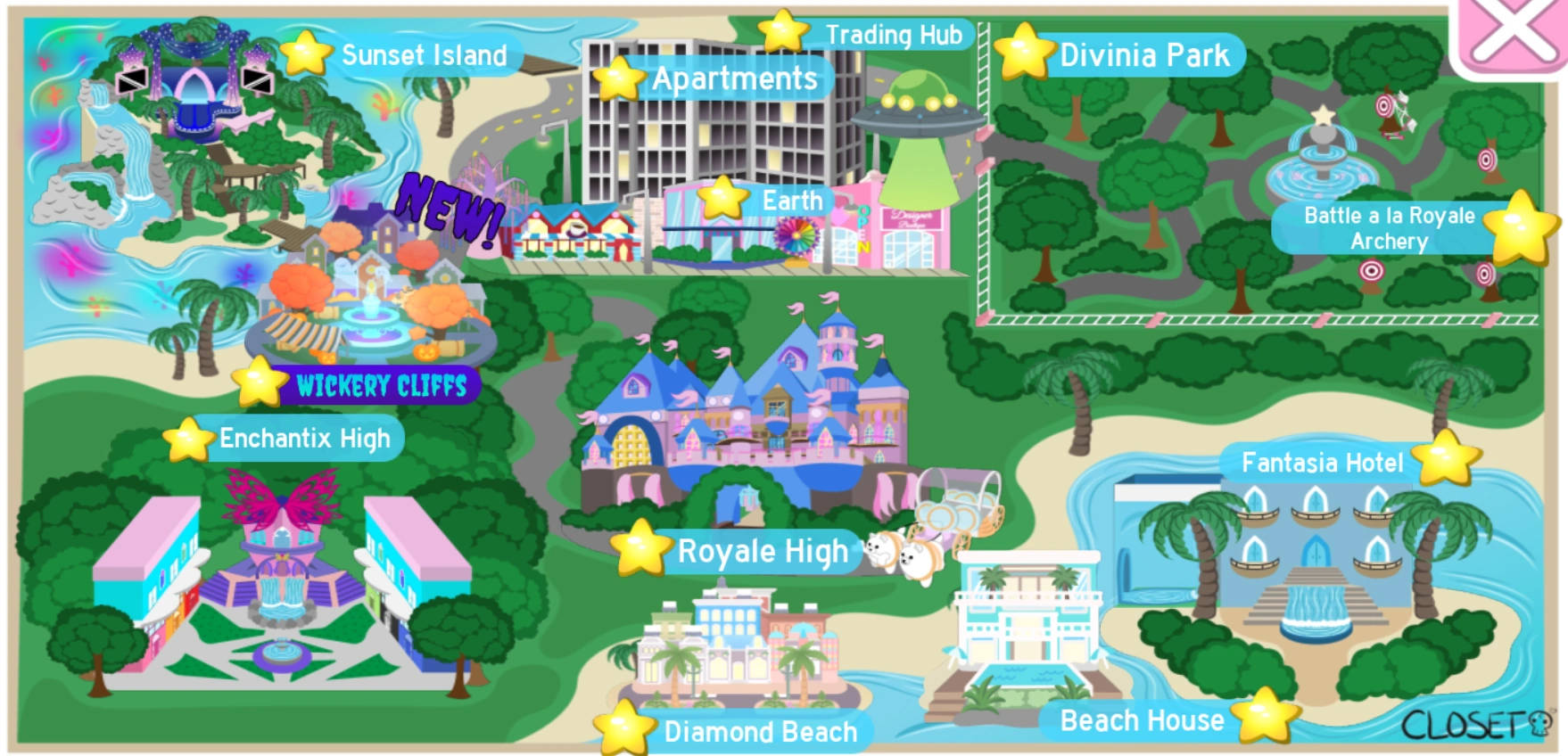 Royale High 桌布 壁紙 — 一個色彩繽紛的卡通地圖，描繪了一個幻想島嶼，標有Royale High和Divinia Park等區域，周圍環繞著水和樹木。