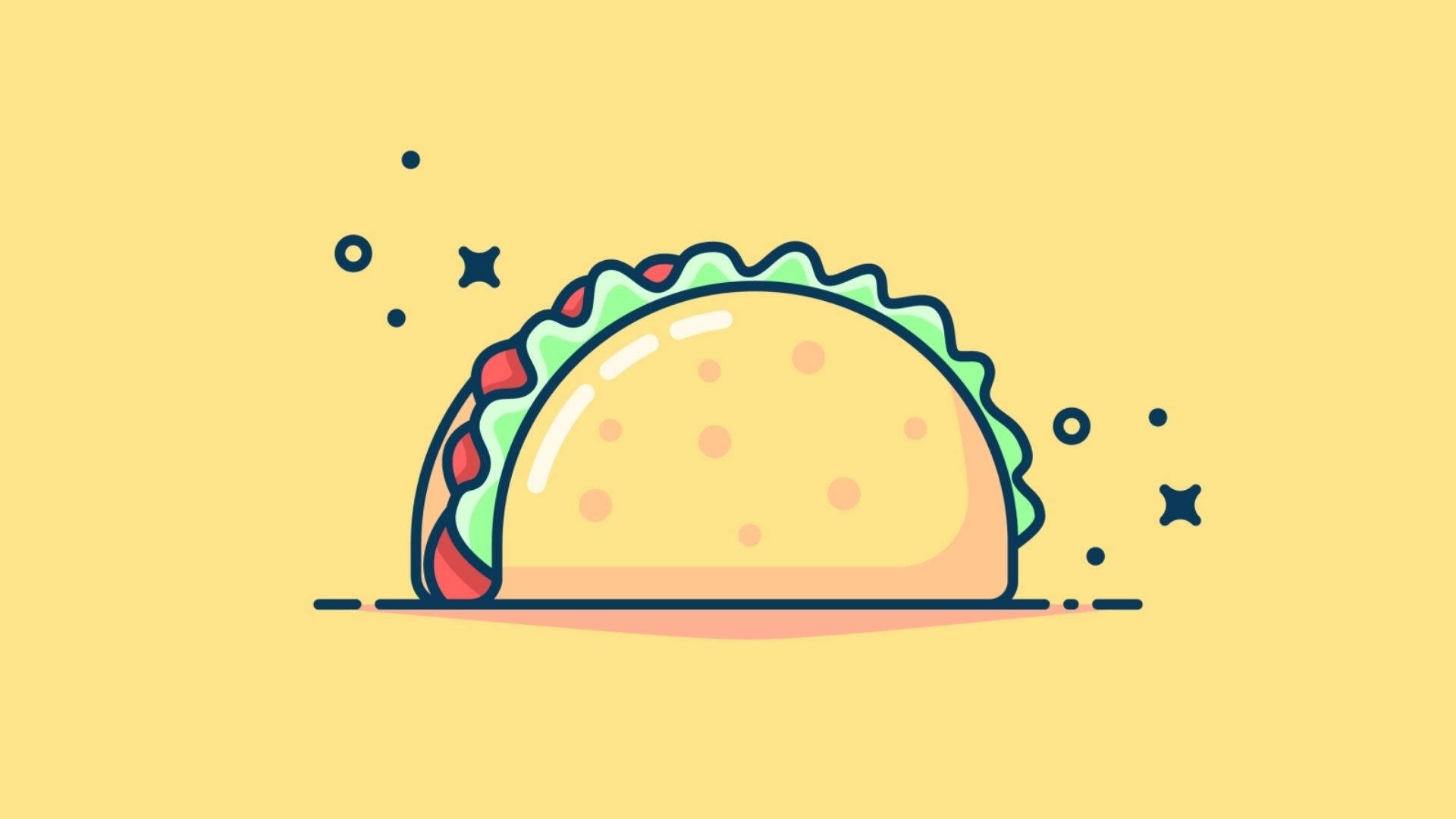 Taco 桌布 壁紙 — 一個色彩繽紛的卡通墨西哥捲餅，配有生菜和醬汁，放在帶有漂浮星星和圓點的黃色背景上。