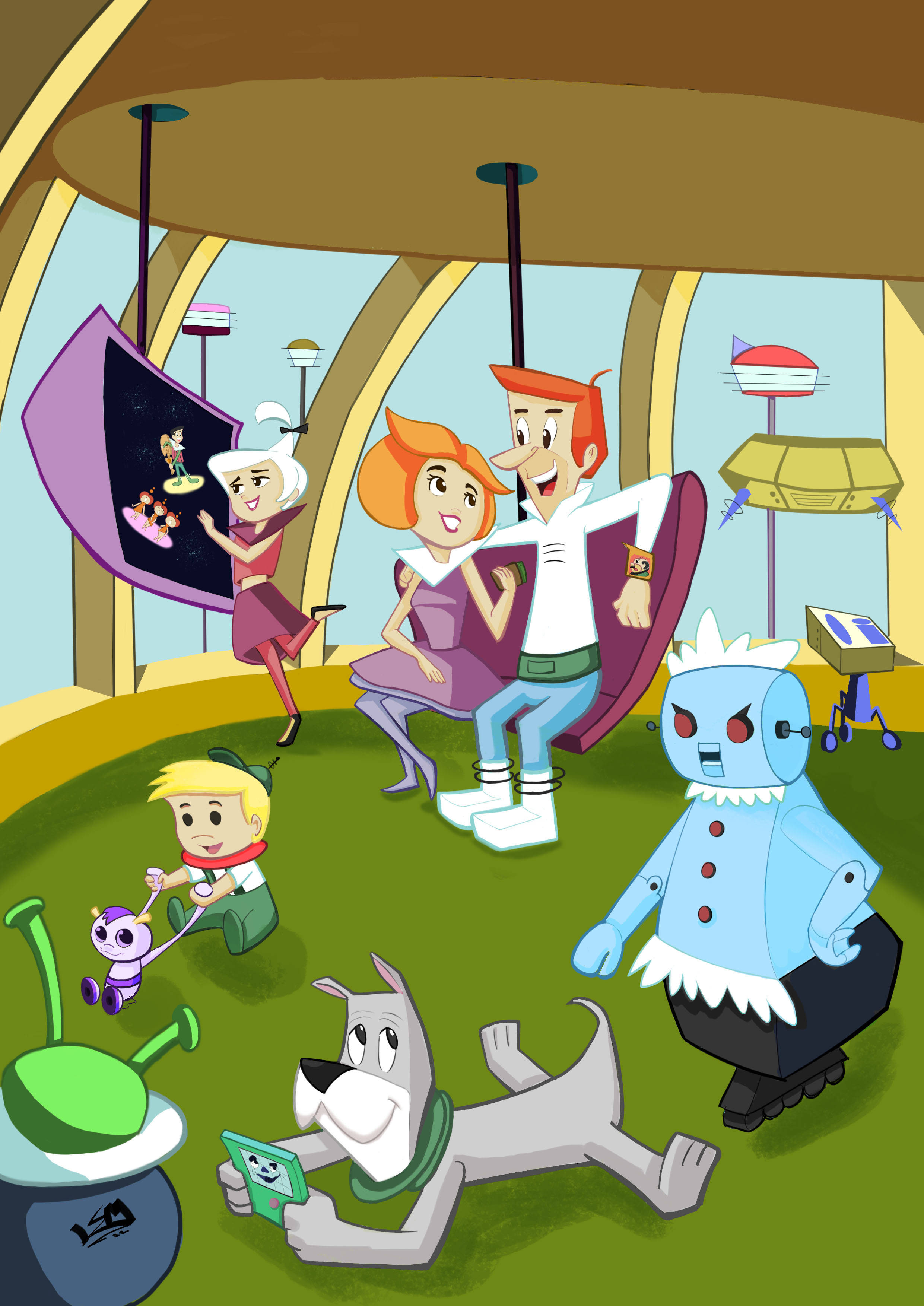 Animated 桌布 壁紙 — 一個色彩繽紛的卡通家庭和他們的外星朋友在未來風格的太空船中充滿玩樂能量地慶祝。