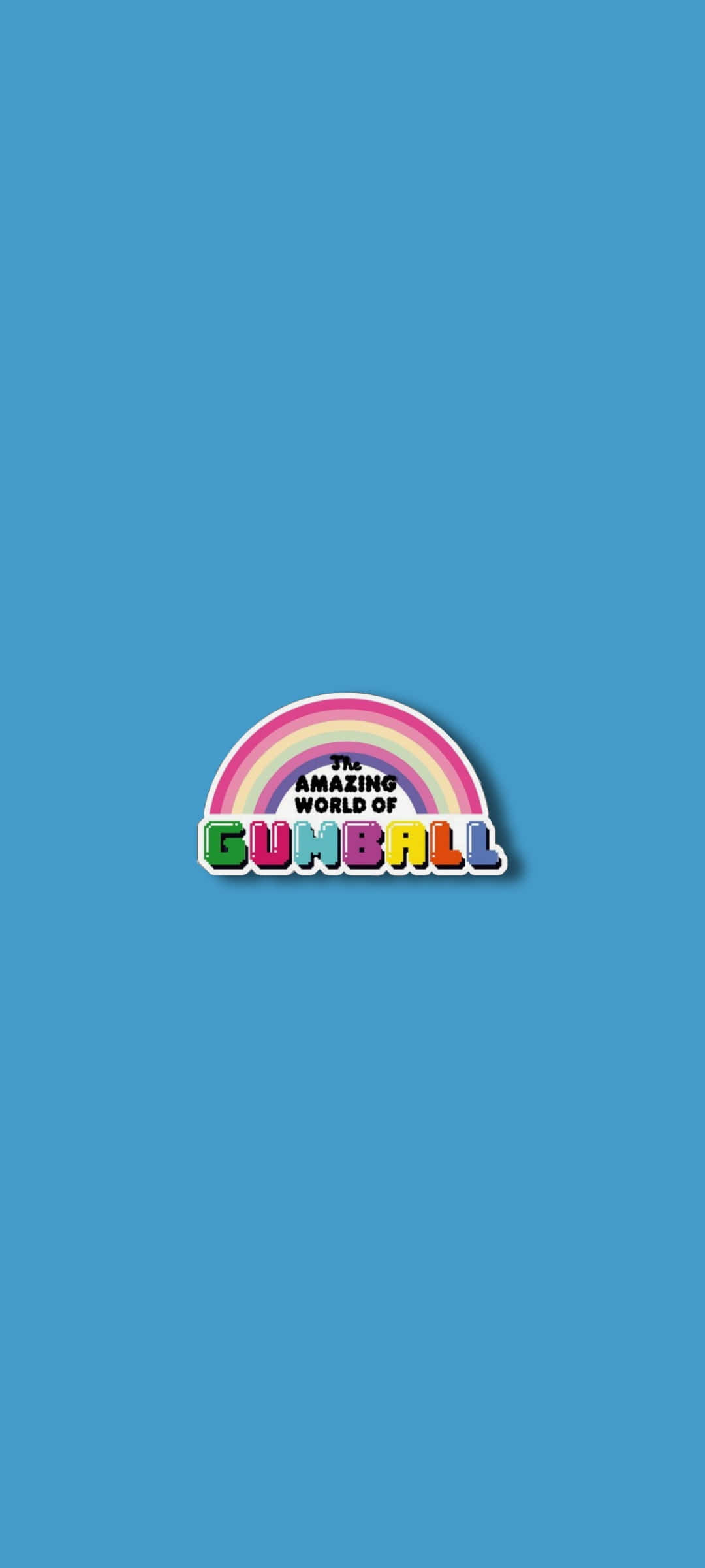 Cute Aesthetic Anime 桌布 壁紙 — 一個色彩繽紛的卡通彩虹標誌，用於《The Amazing World of Gumball》，居中在純藍色背景上。