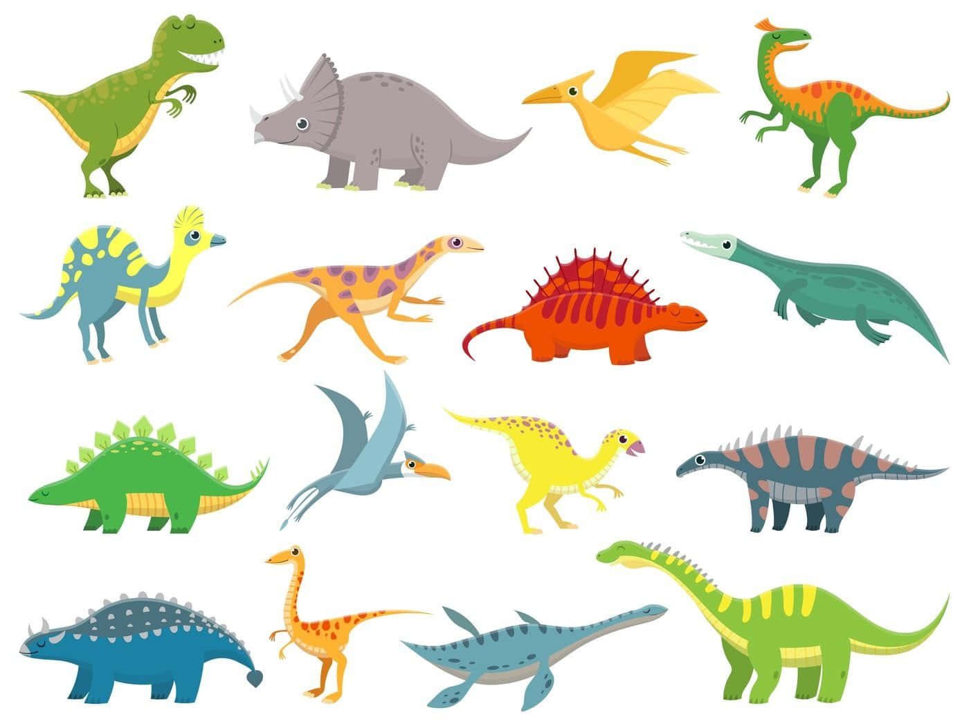 Cute Dinosaur 桌布 壁紙 — 一個色彩繽紛的卡通恐龍系列，包括暴龍、劍龍和翼龍，排列在純白色背景上。