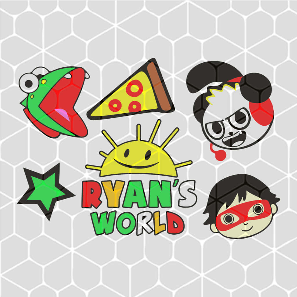 YouTube Banner 桌布 壁紙 — 一個色彩繽紛的卡通拼貼，Ryan's World 圖標排列在六邊形網格背景上。